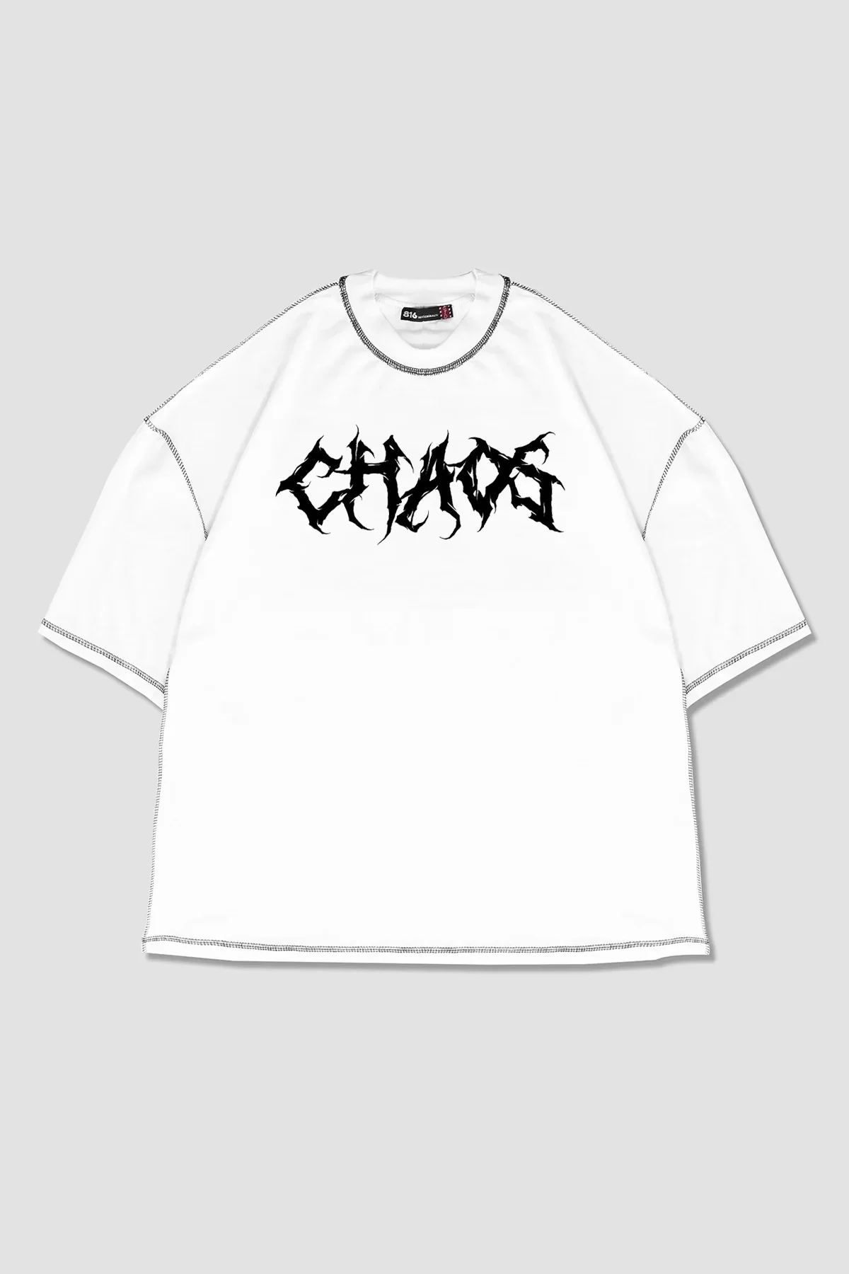 Chaos Baskılı Ters Dikiş Detaylı Beyaz Oversize Unisex Tshirt