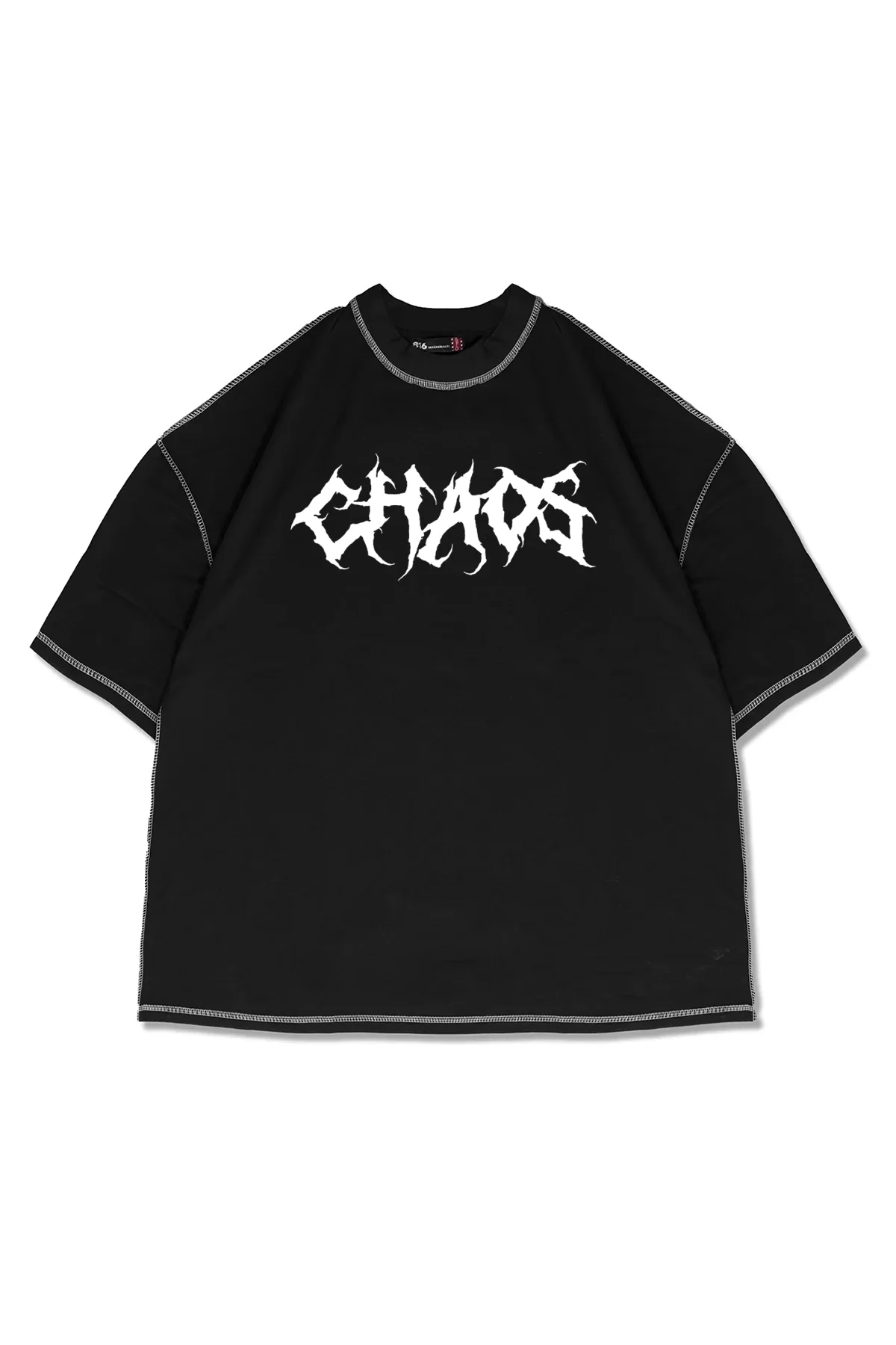 Chaos Baskılı Ters Dikiş Detaylı Siyah Oversize Unisex Tshirt