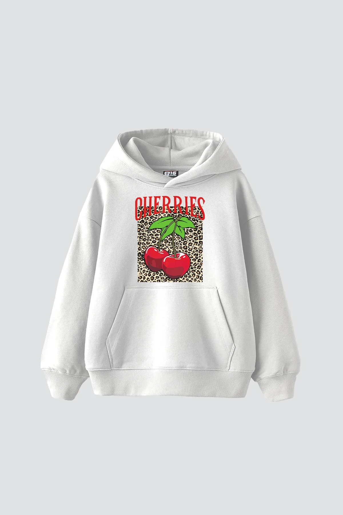Cherries Leopard Baskılı Oversize Unisex Beyaz Hoodie