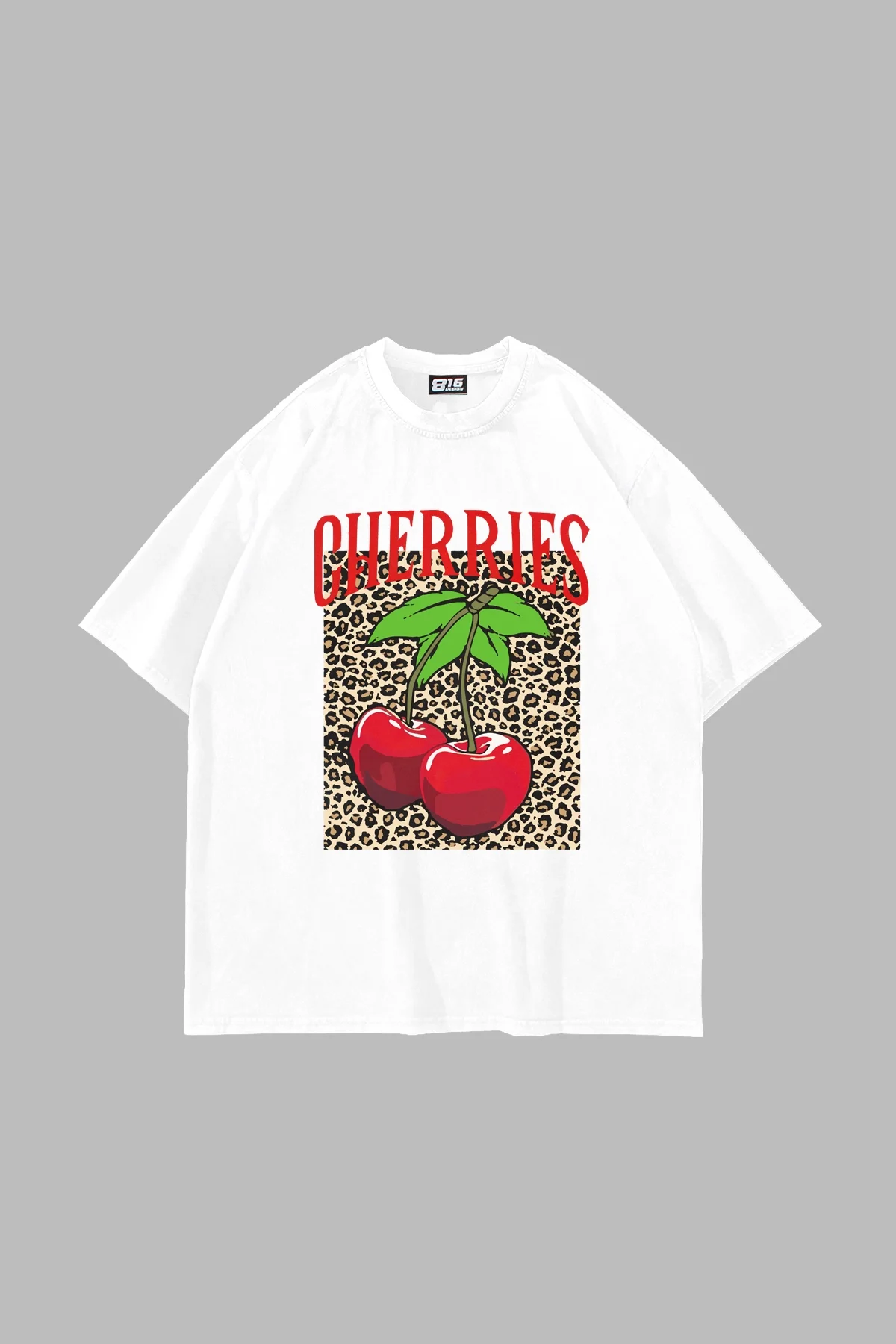 Cherries Leopard Baskılı Oversize Unisex Beyaz Tshirt