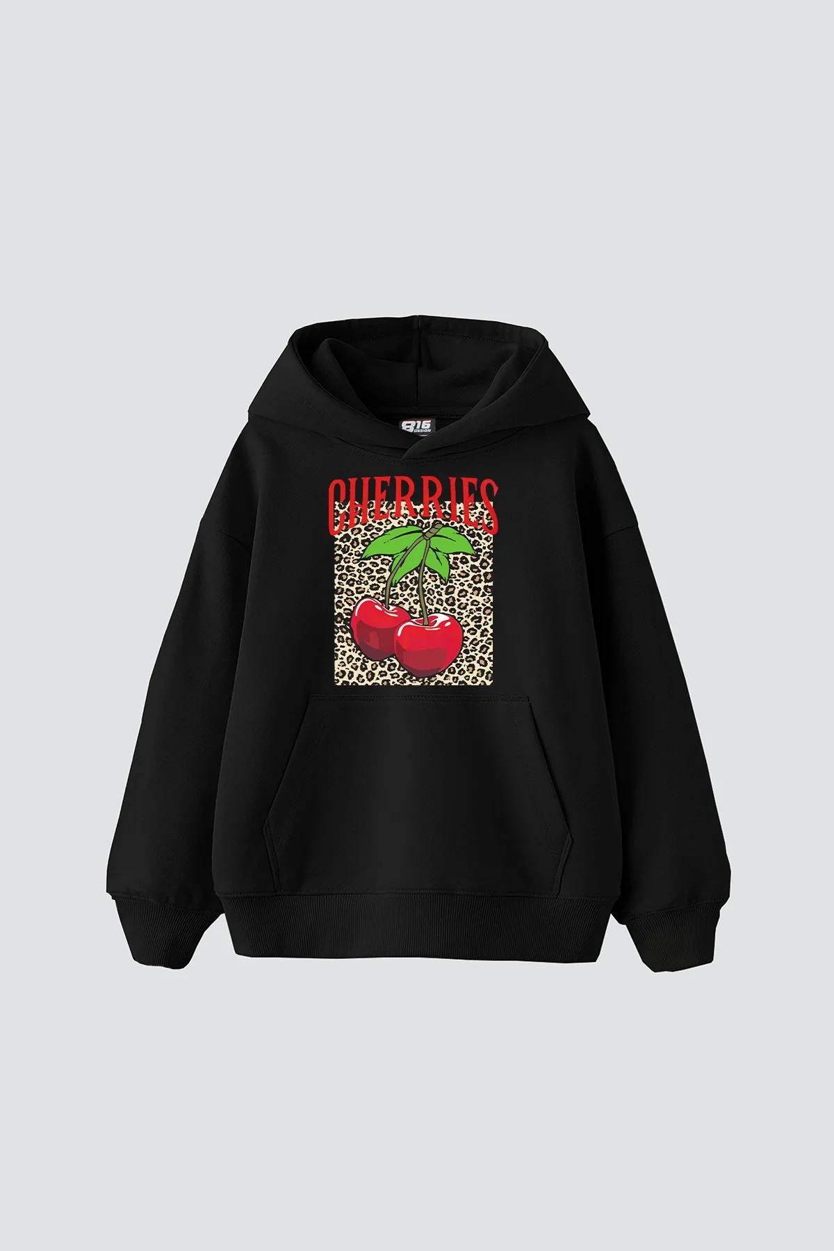 Cherries Leopard Baskılı Oversize Unisex Siyah Hoodie
