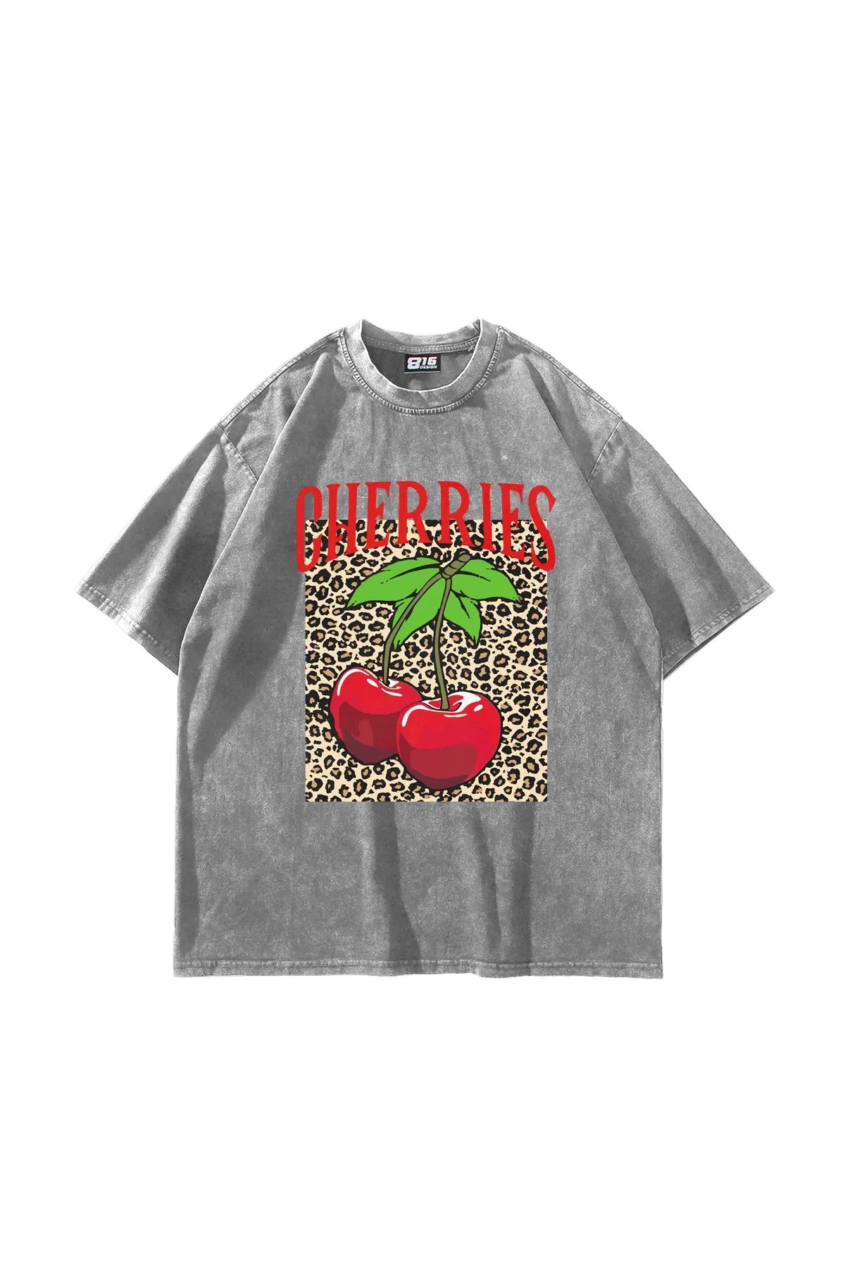 Cherries Leopard Baskılı Oversize Unisex Yıkamalı Beyaz Tshirt