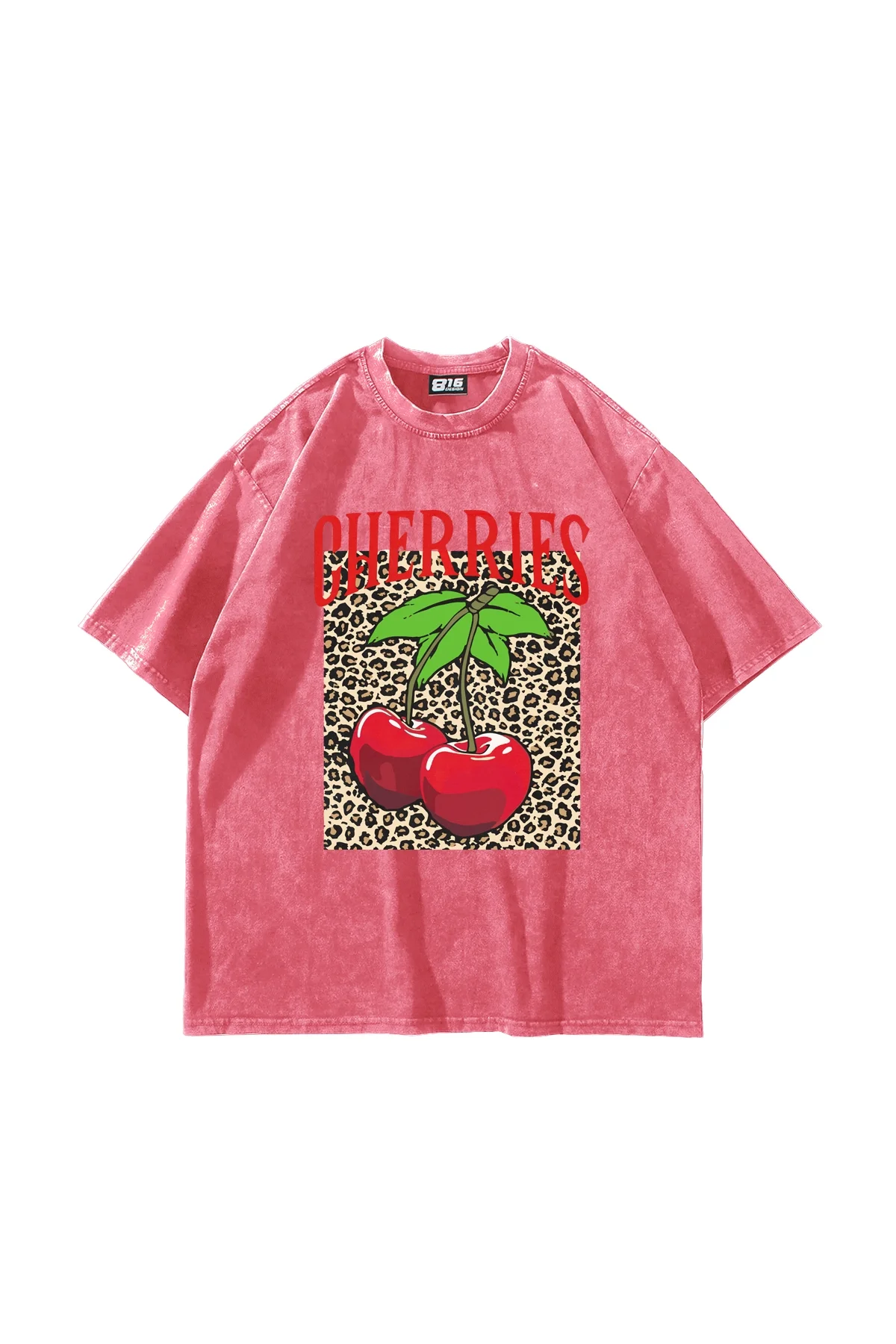 Cherries Leopard Baskılı Oversize Unisex Yıkamalı Pembe Tshirt
