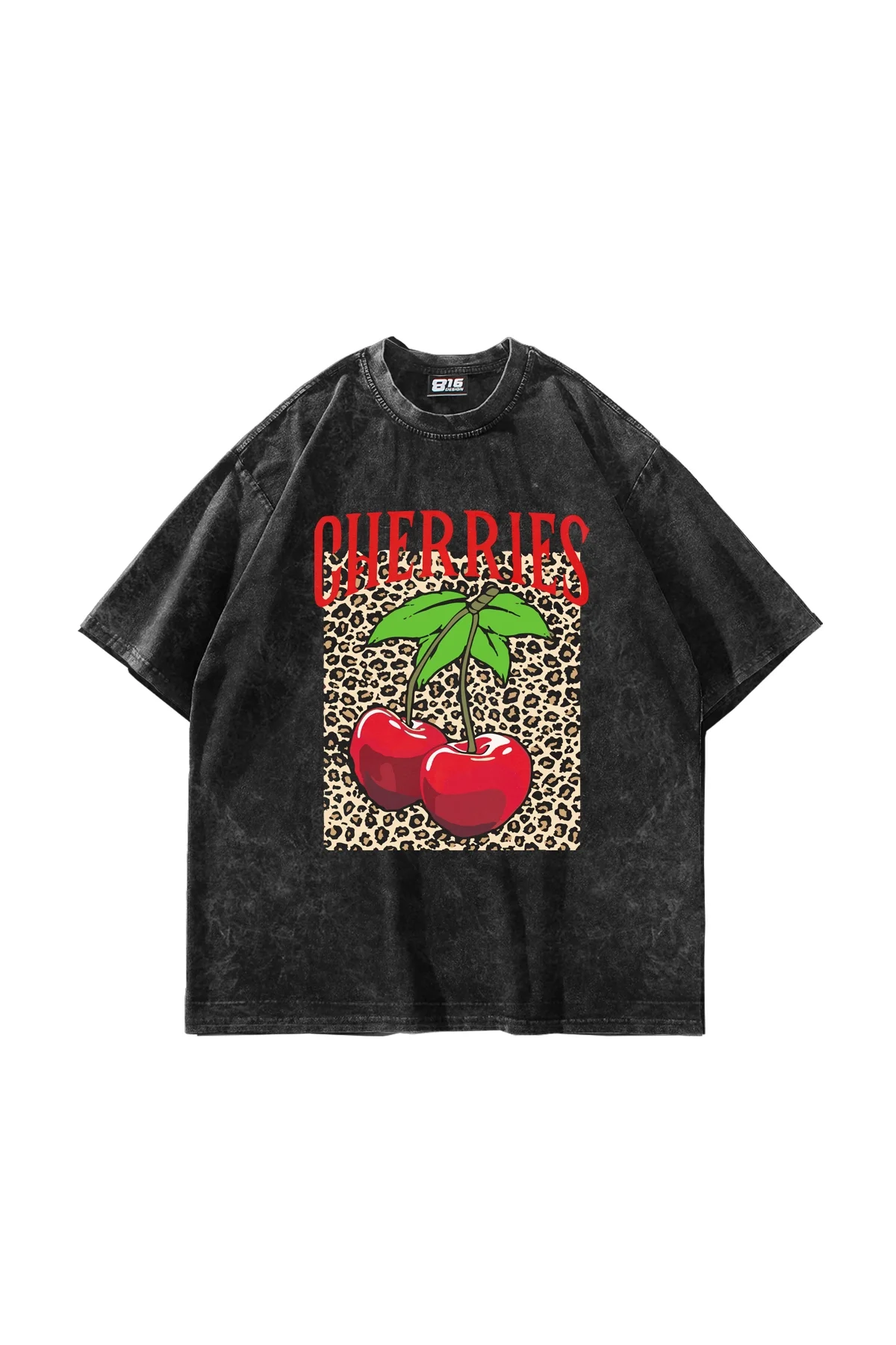 Cherries Leopard Baskılı Oversize Unisex Yıkamalı Siyah Tshirt