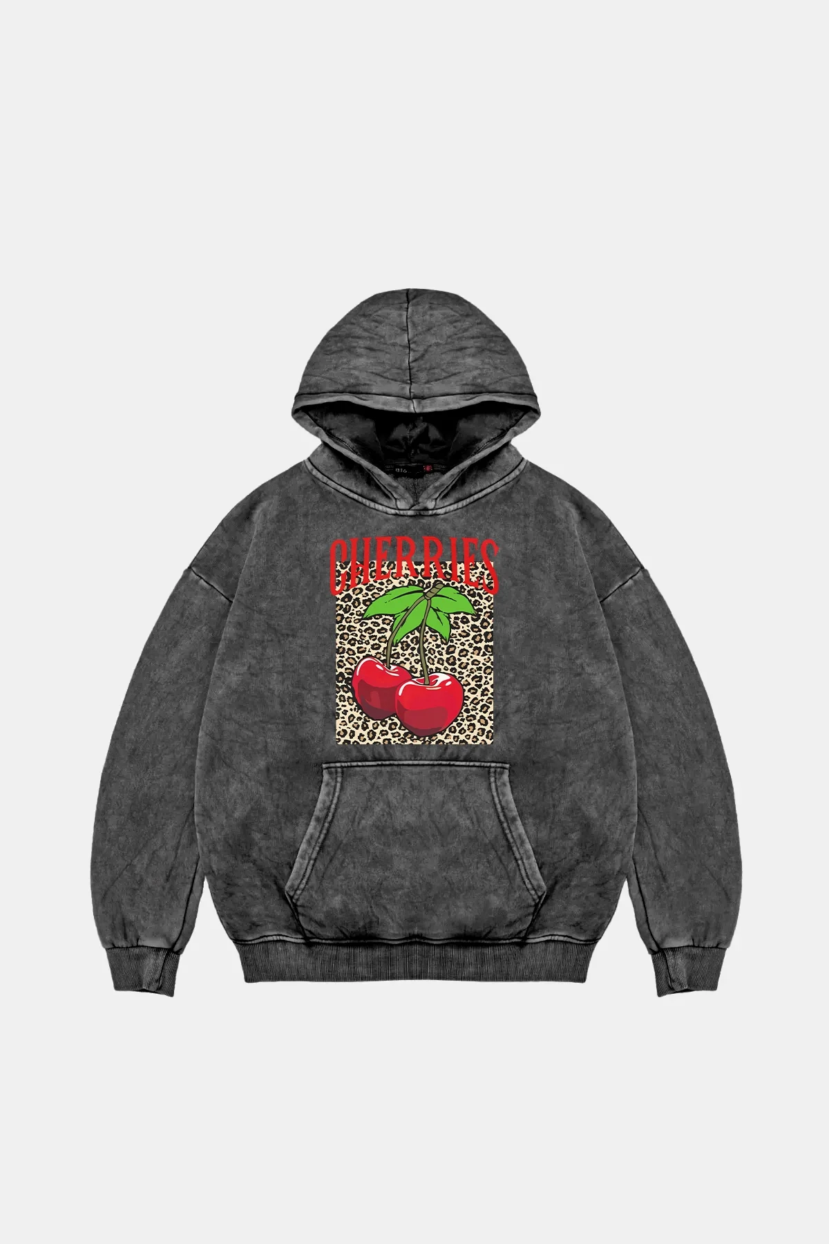 Cherries Leopard Oversize Unisex Yıkamalı Siyah Hoodie