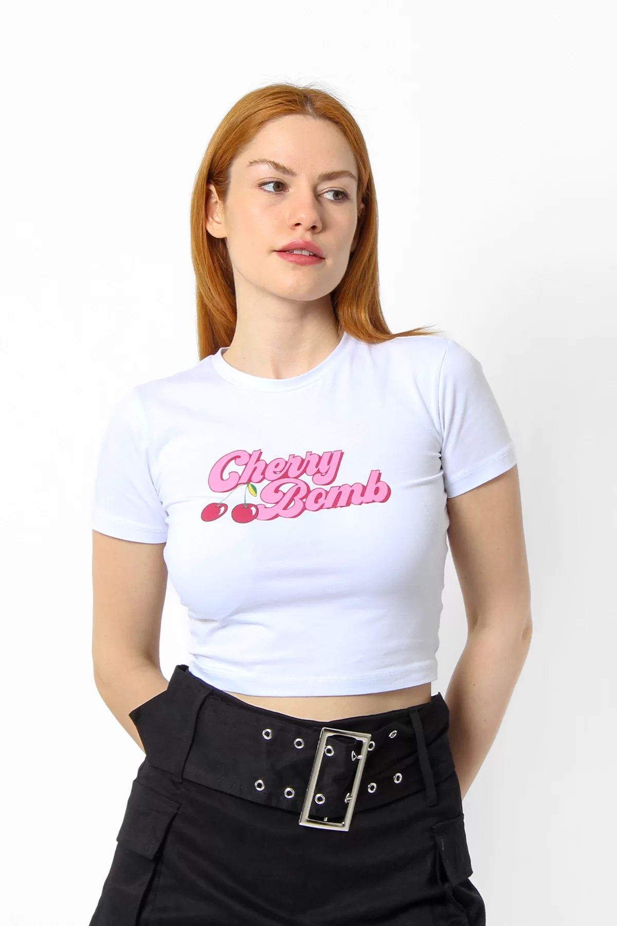 Cherry Bomb Pembe Baskılı Kadın Crop Tshirt