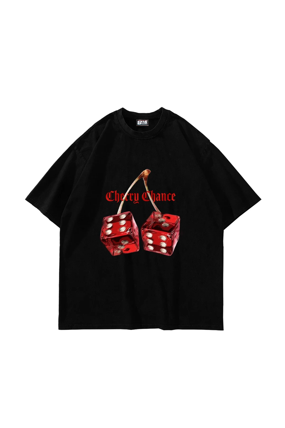 Cherry Chance Baskılı Oversize Unisex Siyah Tshirt