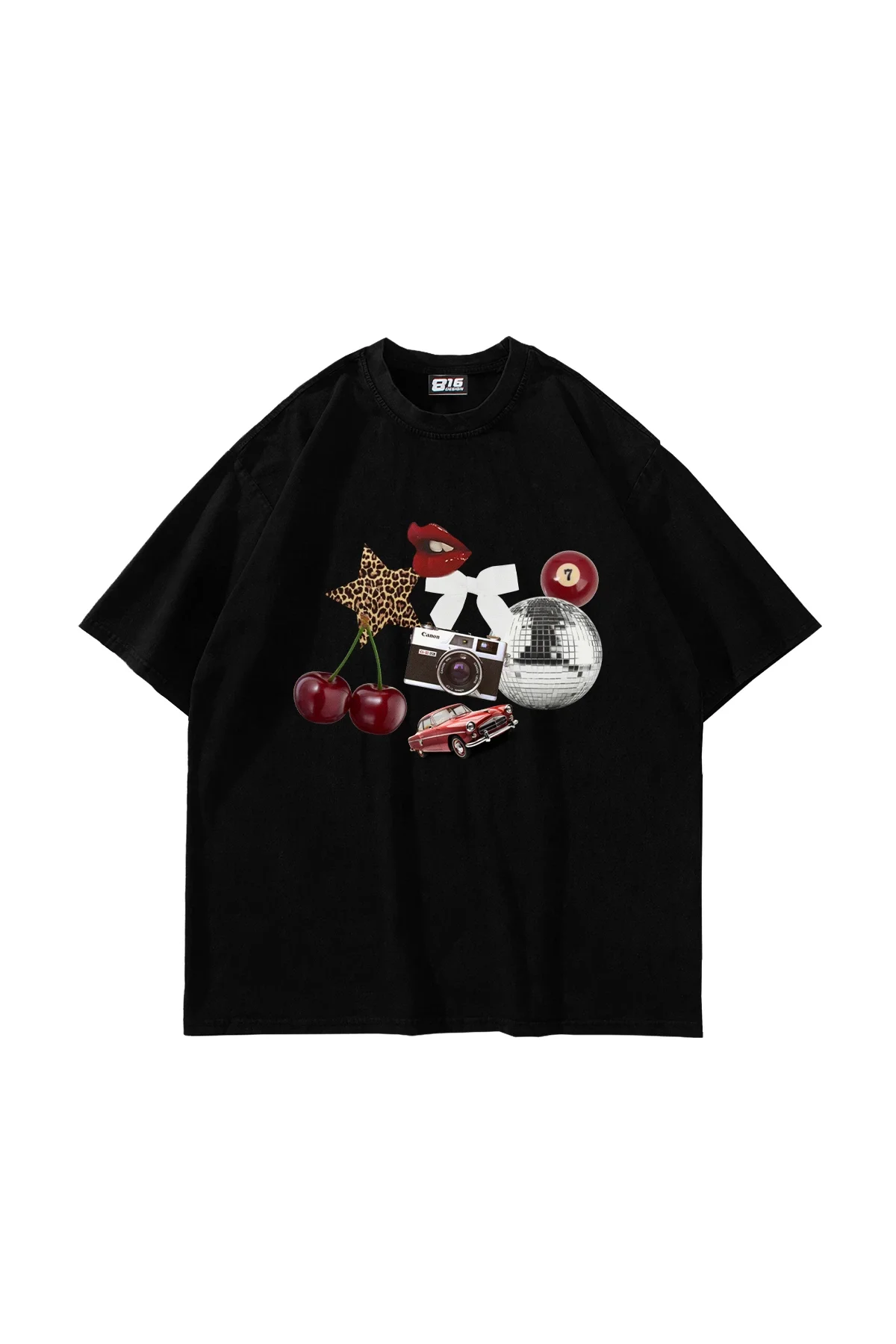 Cherry & Disco Vibes Baskılı Oversize Unisex Siyah Tshirt