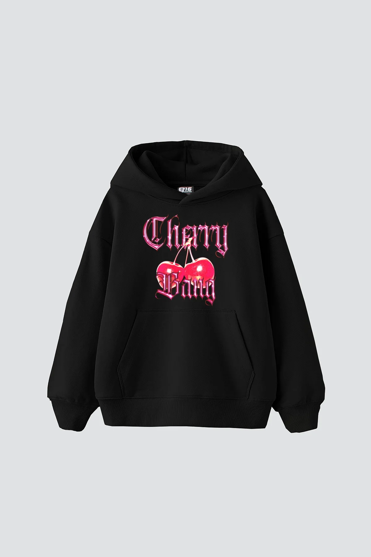 Cherry Gang Baskılı Oversize Unisex Siyah Hoodie