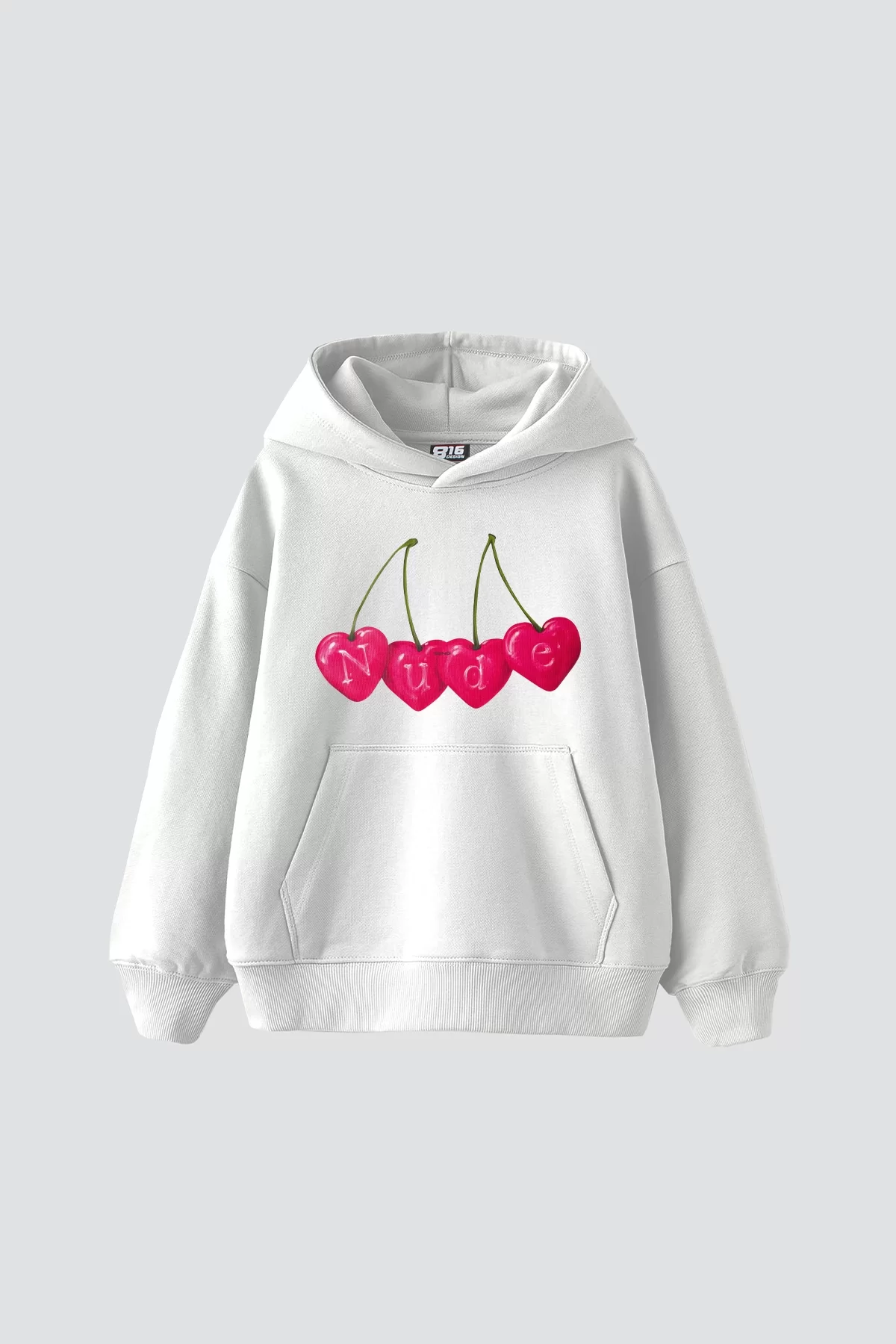 Cherry N. Baskılı Oversize Unisex Premium Beyaz Hoodie