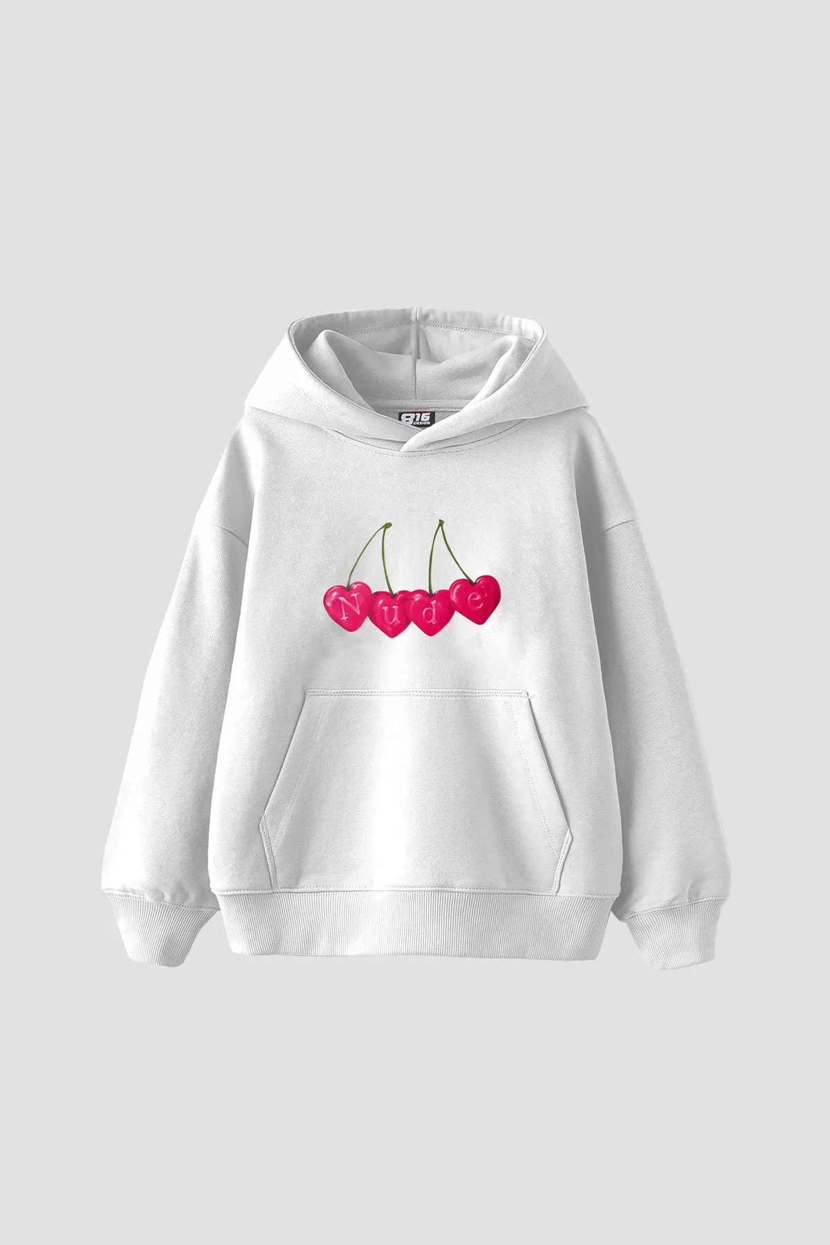 Cherry N. Baskılı Oversize Unisex Premium Beyaz Hoodie