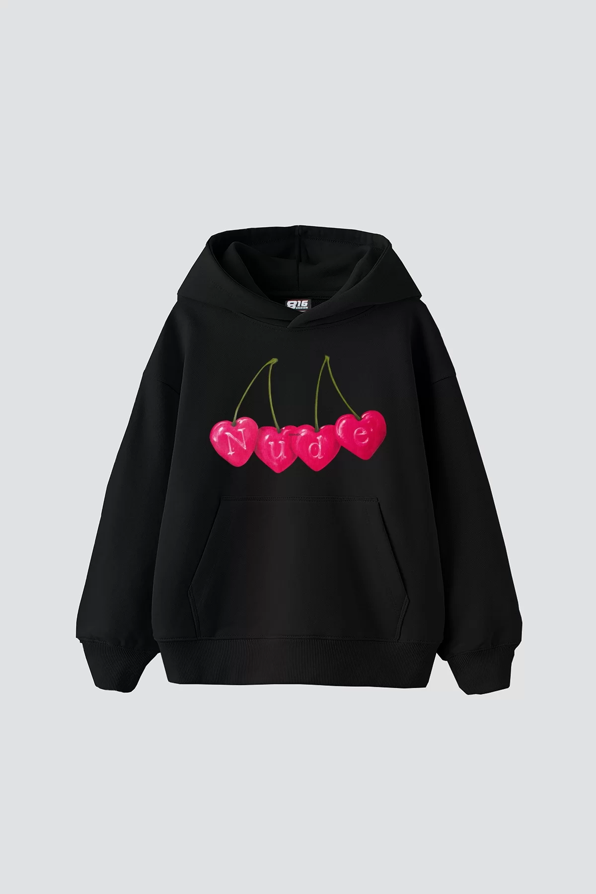 Cherry N. Baskılı Oversize Unisex Premium Siyah Hoodie