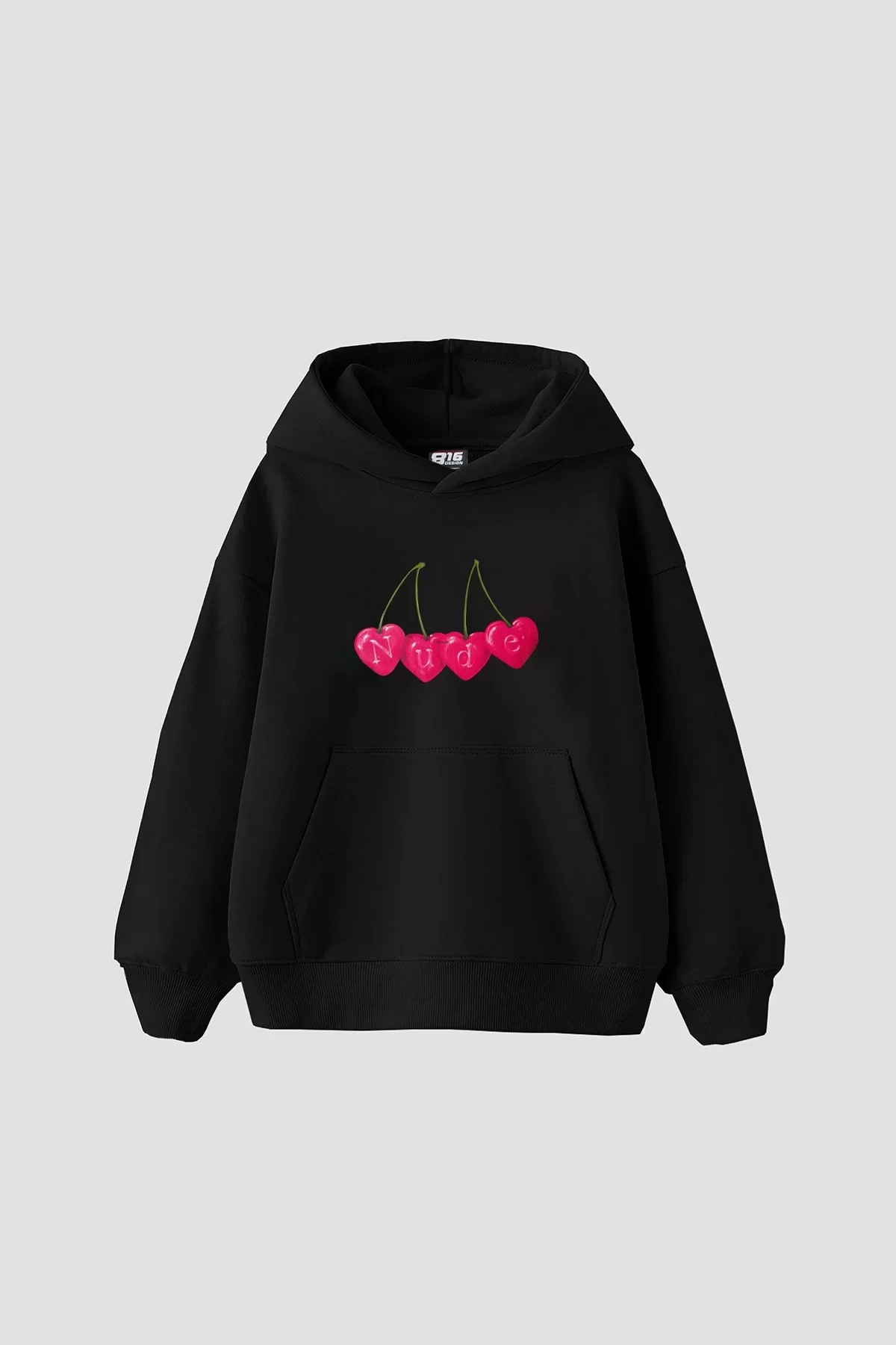 Cherry N. Baskılı Oversize Unisex Premium Siyah Hoodie