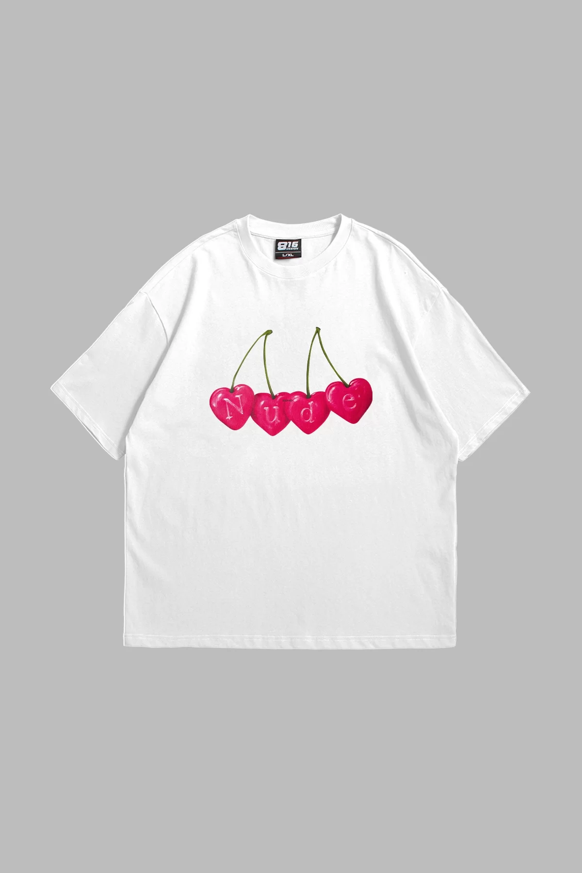 Cherry Nude Baskılı Oversize Unisex Premium Beyaz Tshirt