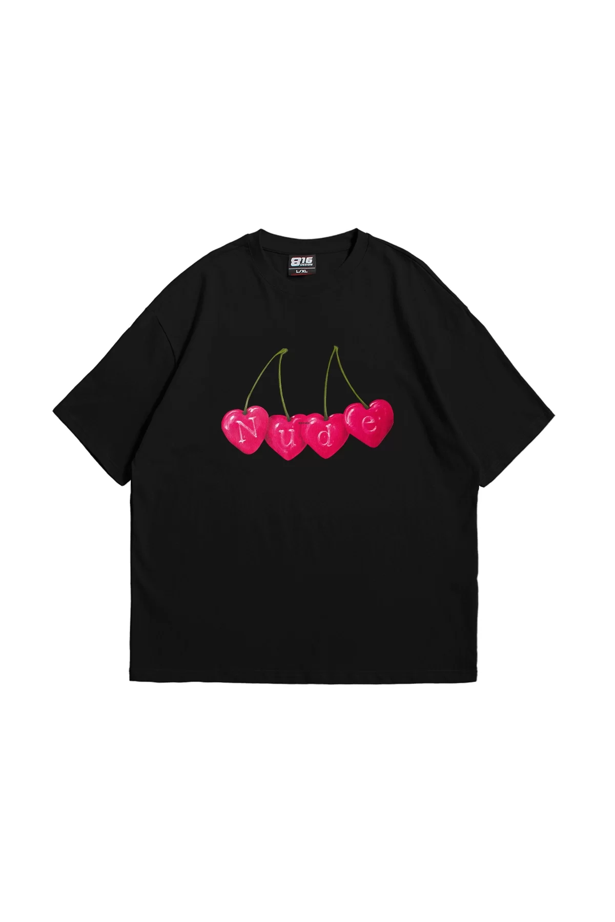 Cherry Nude Baskılı Oversize Unisex Premium Siyah Tshirt