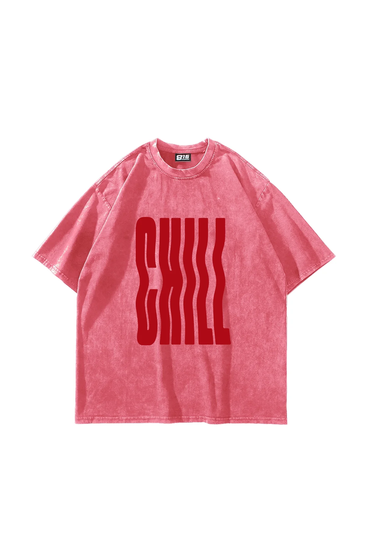 Chill Baskılı Oversize Unisex Yıkamalı Pembe Tshirt