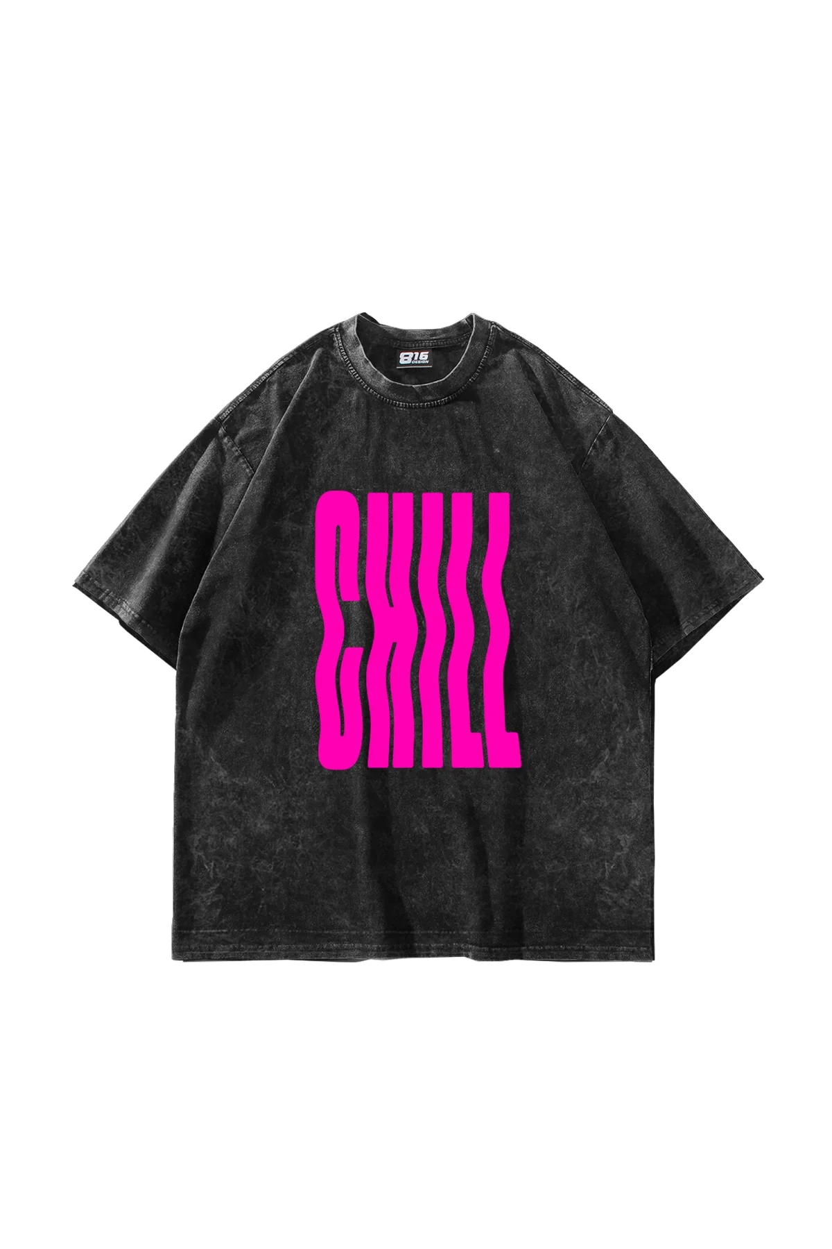 Chill Baskılı Oversize Unisex Yıkamalı Siyah Tshirt