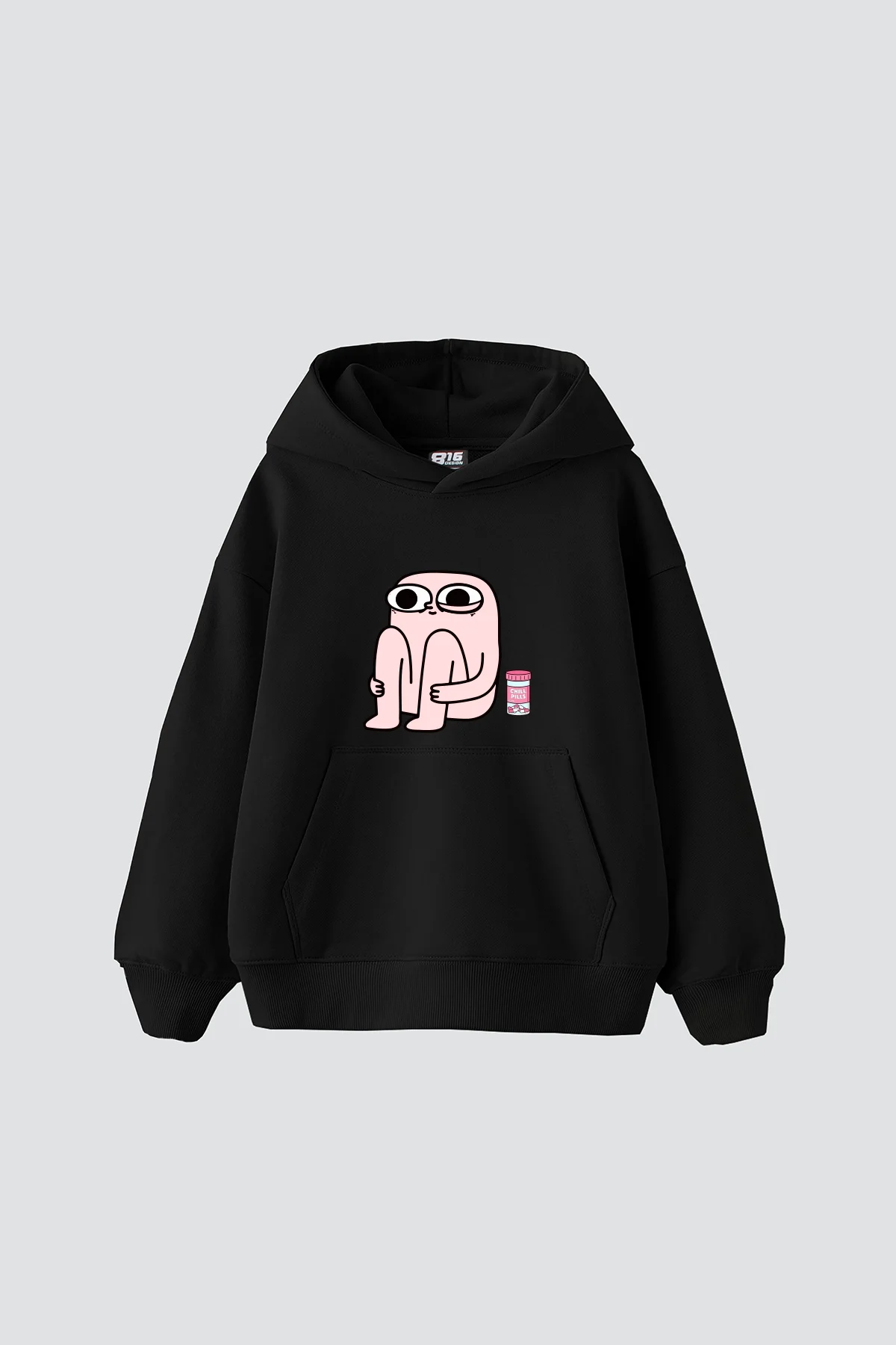 Chill Pills Baskılı Oversize Unisex Siyah Hoodie