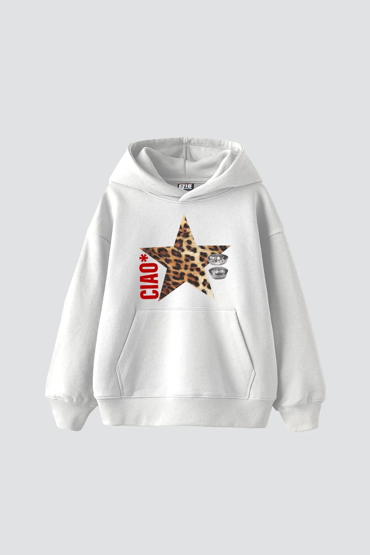 Ciao Yıldız Baskılı Oversize Unisex Beyaz Hoodie