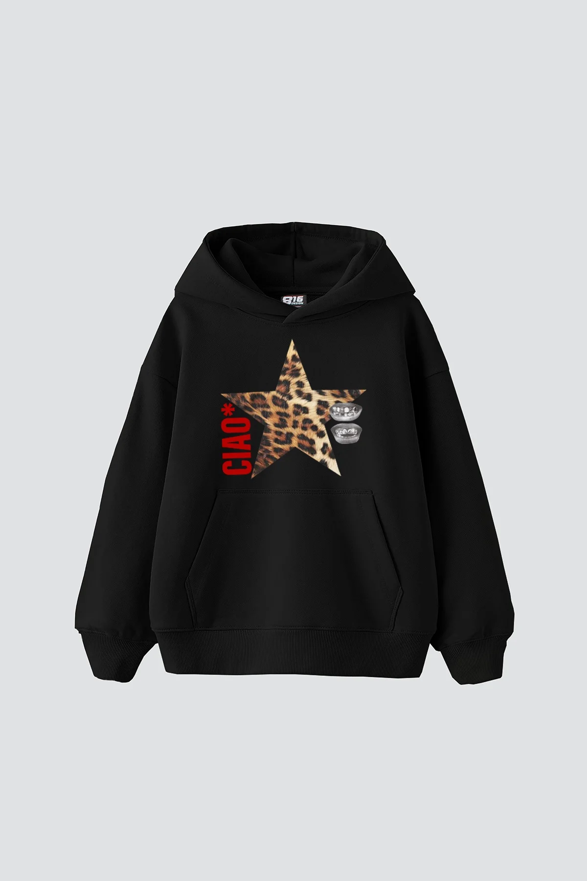 Ciao Yıldız Baskılı Oversize Unisex Siyah Hoodie