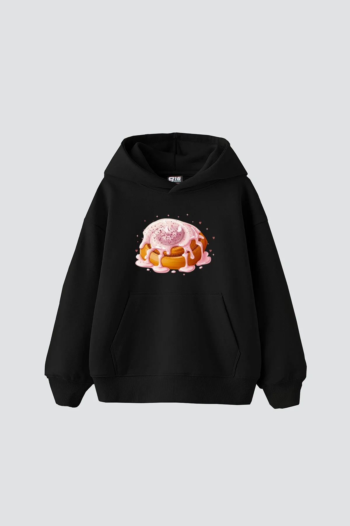 Cinnamon Roll Baskılı Oversize Unisex Siyah Hoodie