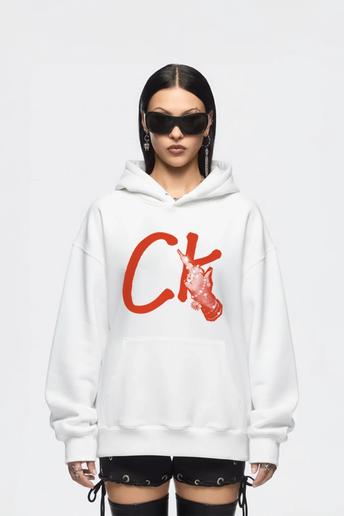 CK. Baskılı Oversize Unisex Beyaz Hoodie