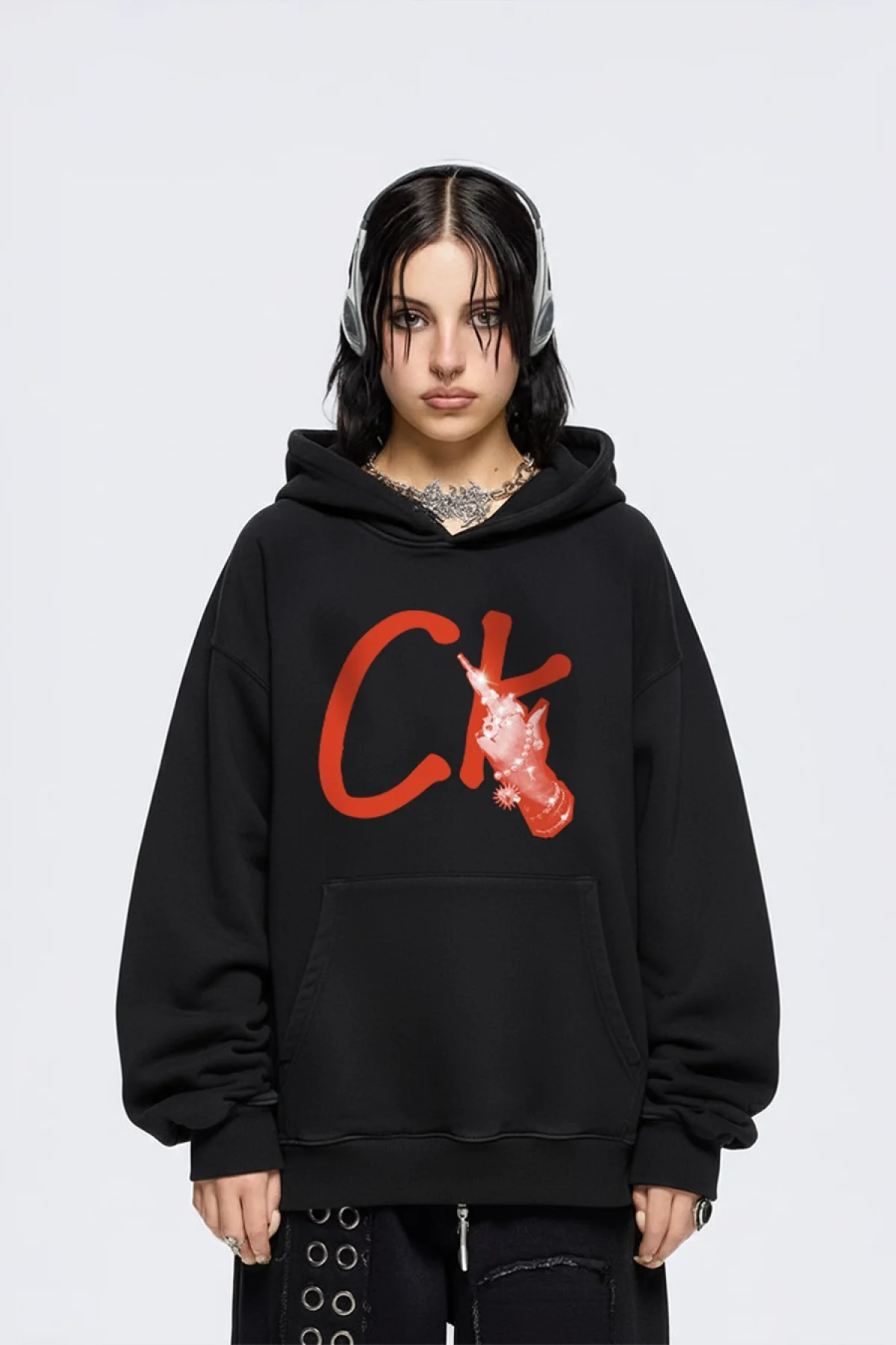 CK. Baskılı Oversize Unisex Siyah Hoodie