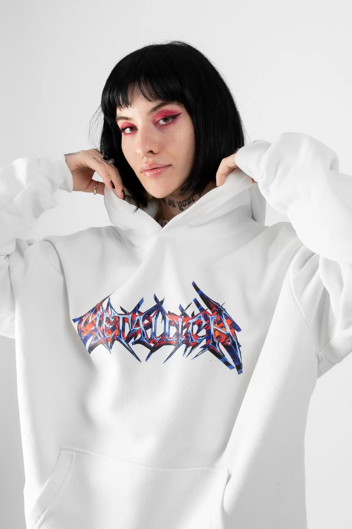 Colourful Metallica Logo Baskılı Oversize Unisex Beyaz Hoodie