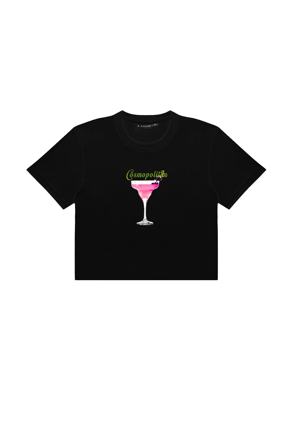 Cosmopolitan Baskılı Siyah Crop Top