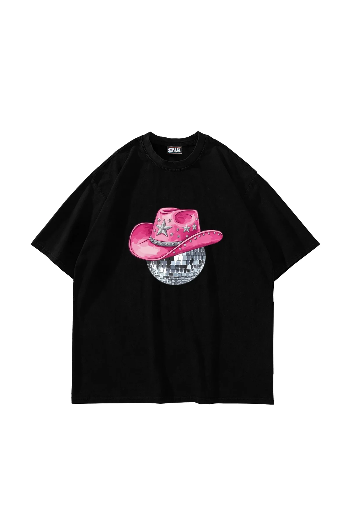 Cow Girl Baskılı Oversize Unisex Siyah Tshirt