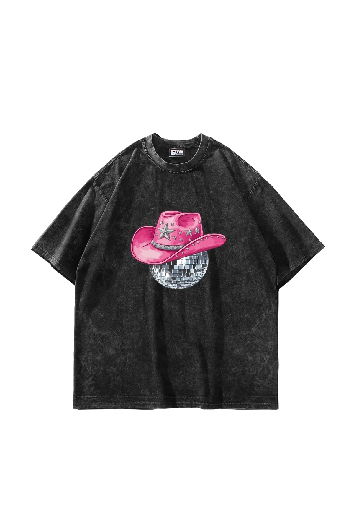 Cow Girl Baskılı Oversize Unisex Yıkamalı Siyah Tshirt