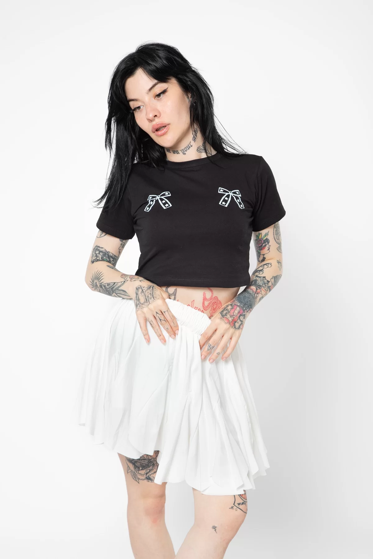 Cowgirl Fiyonk Baskılı Siyah Crop Top