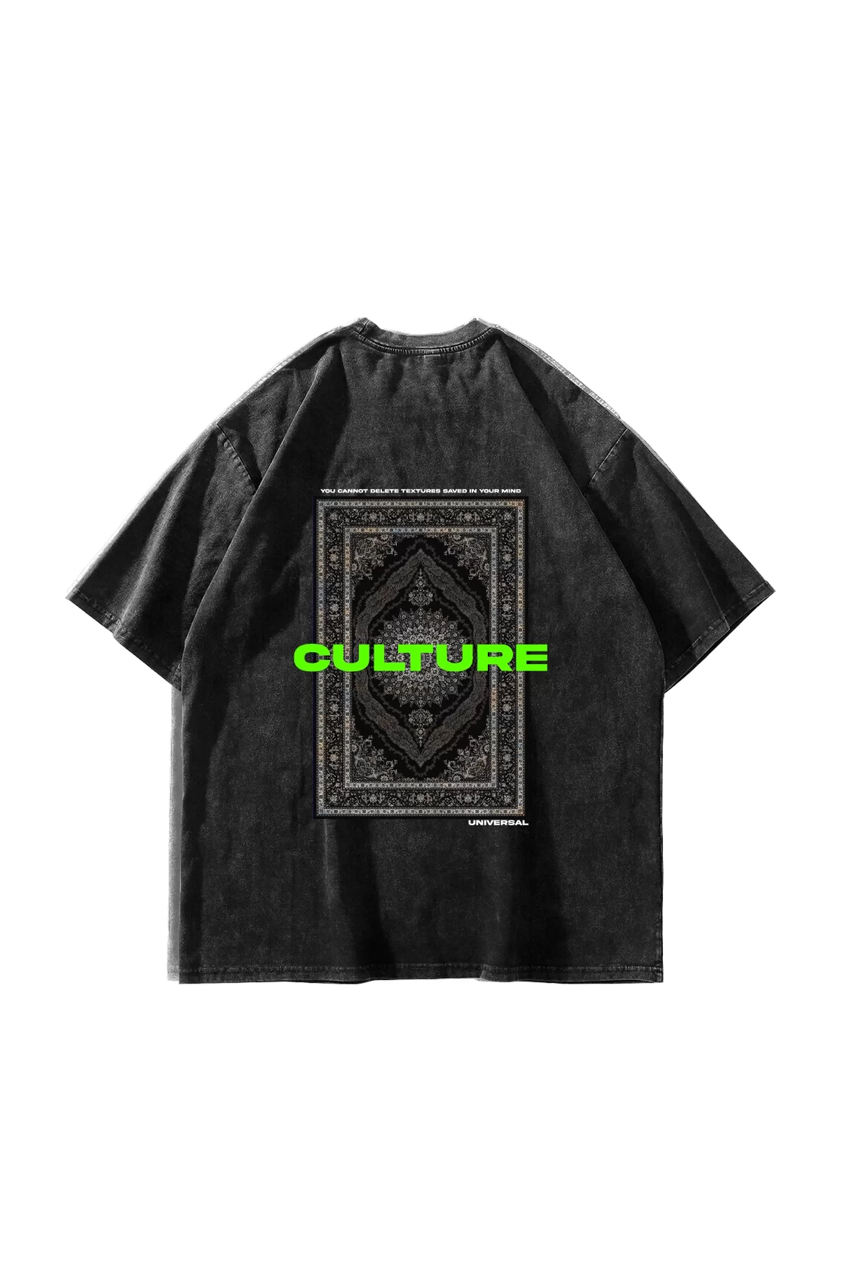 Culture Etnik Baskılı Oversize Unisex Premium Yıkamalı Siyah Tshirt