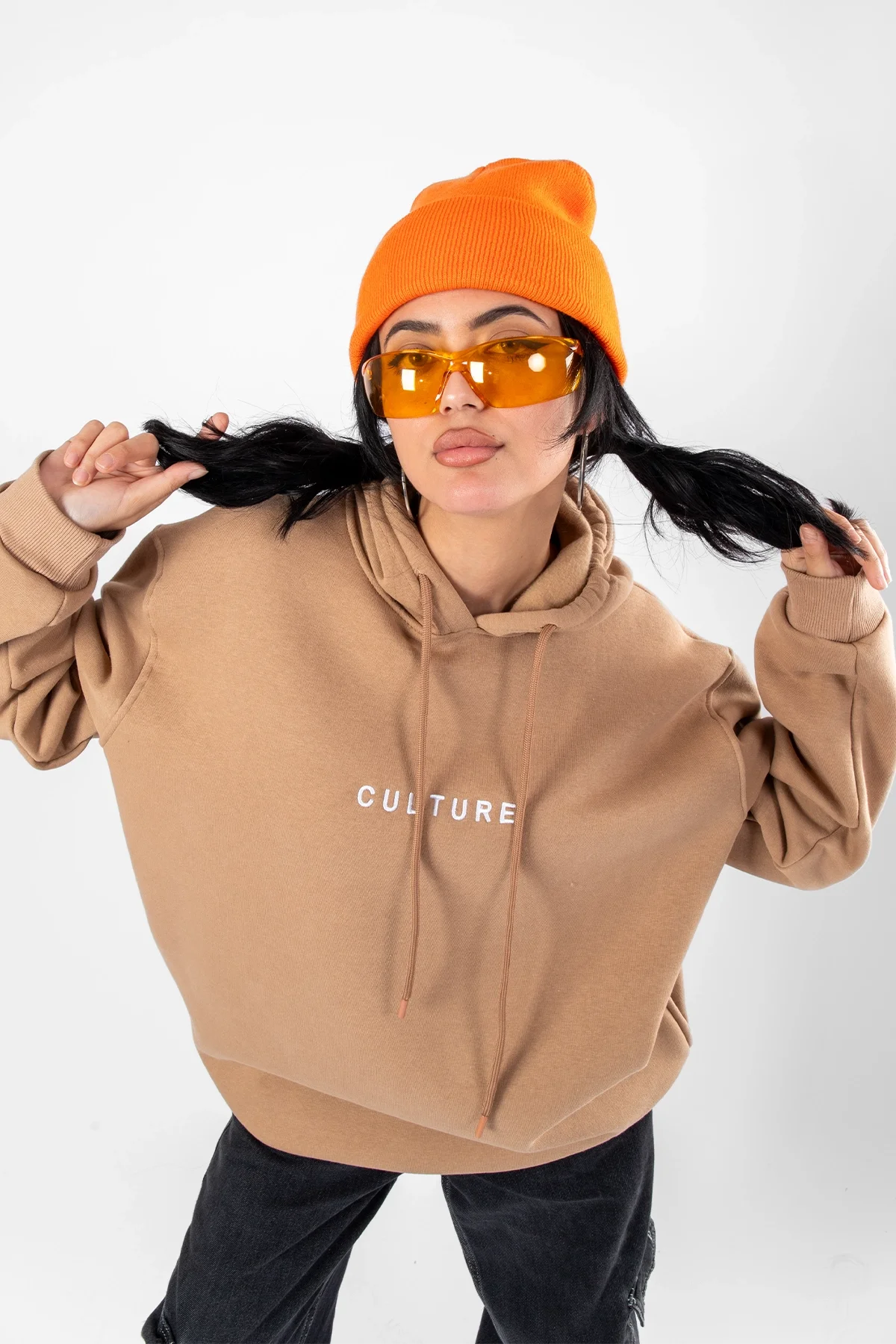 Culture Nakış Detaylı Oversize Kadın Bej Hoodie