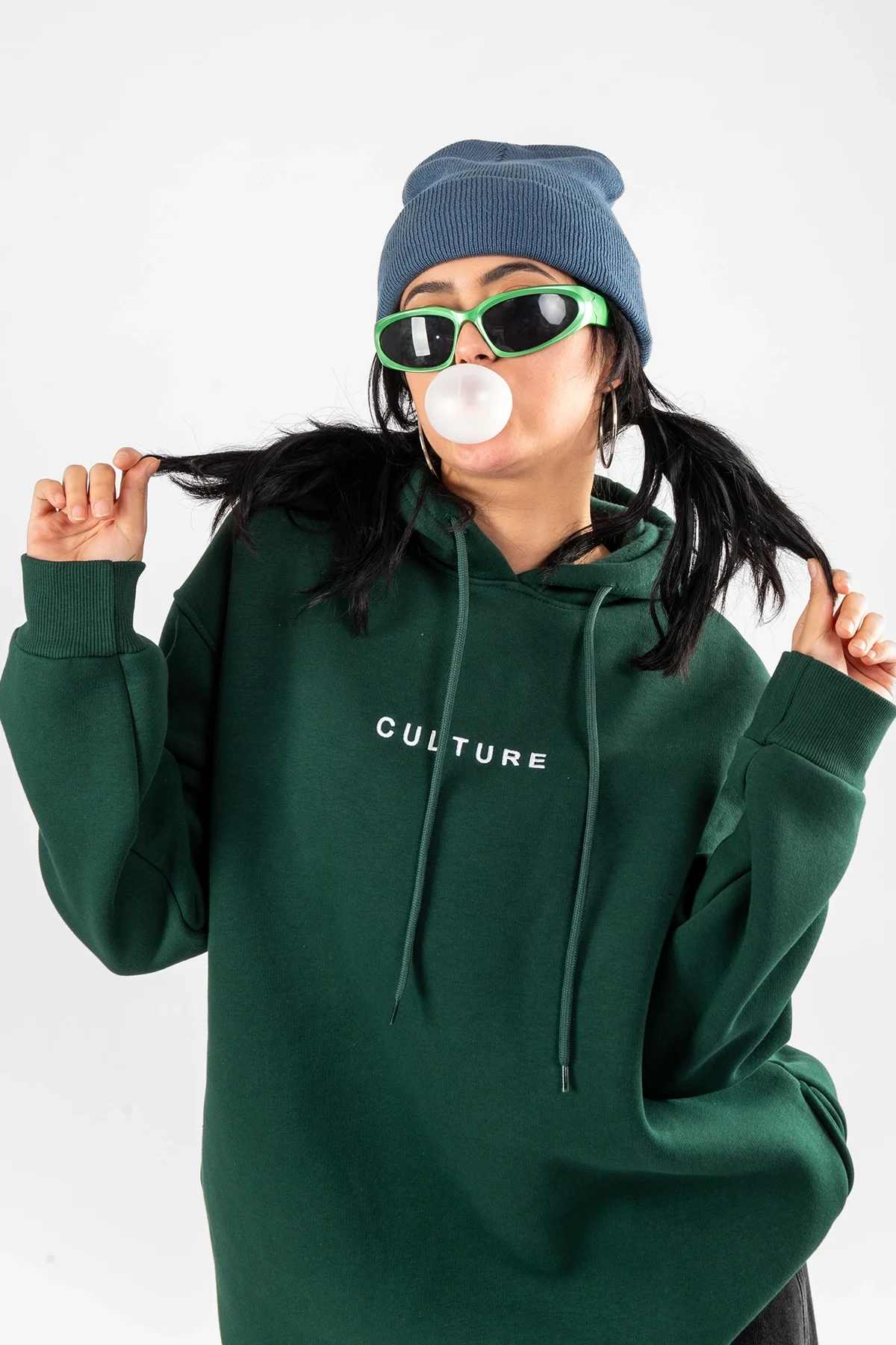 Culture Nakış Detaylı Oversize Kadın Yeşil Hoodie