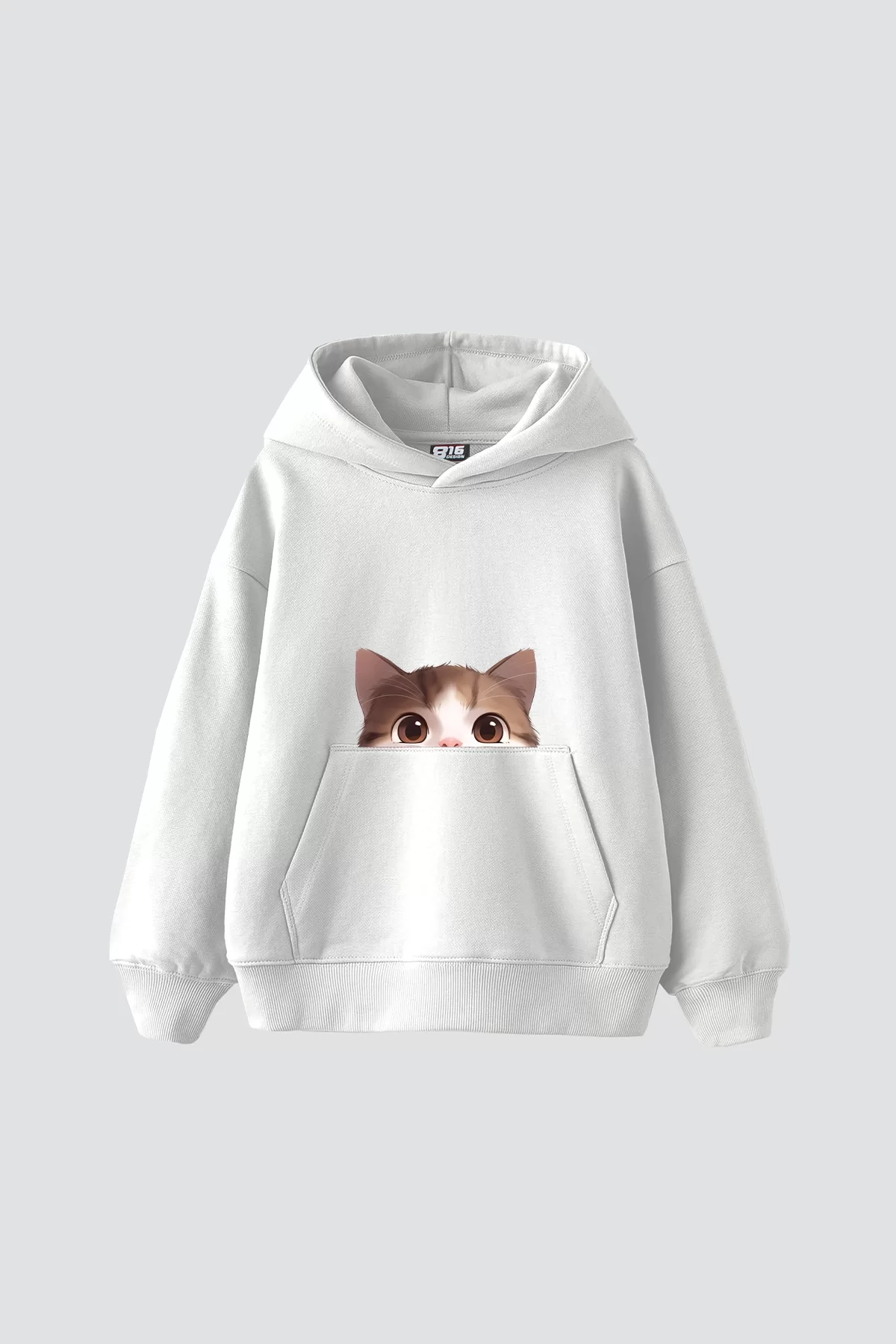 Cute Cat Baskılı Oversize Unisex Premium Beyaz Hoodie