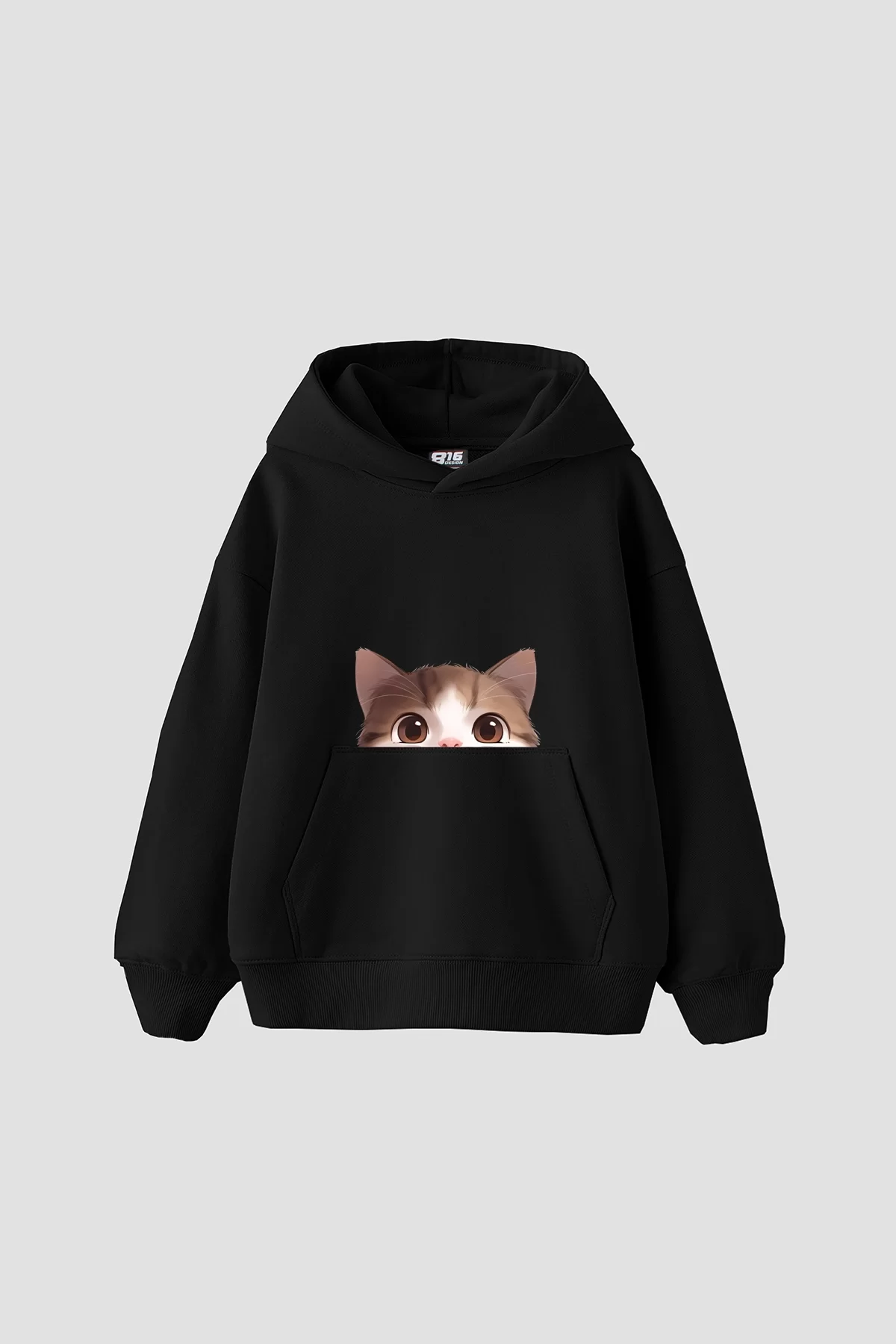 Cute Cat Baskılı Oversize Unisex Premium Siyah Hoodie