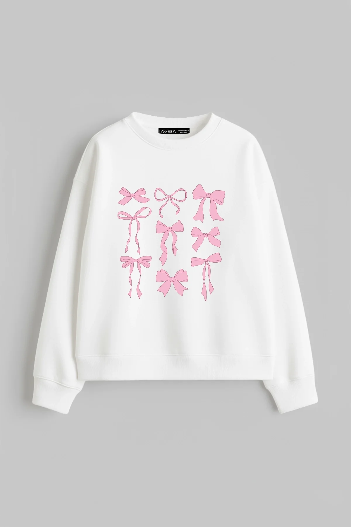 Cute Fiyonk Baskılı Kapüşonsuz Relaxed Fit Kadın Beyaz Sweatshirt