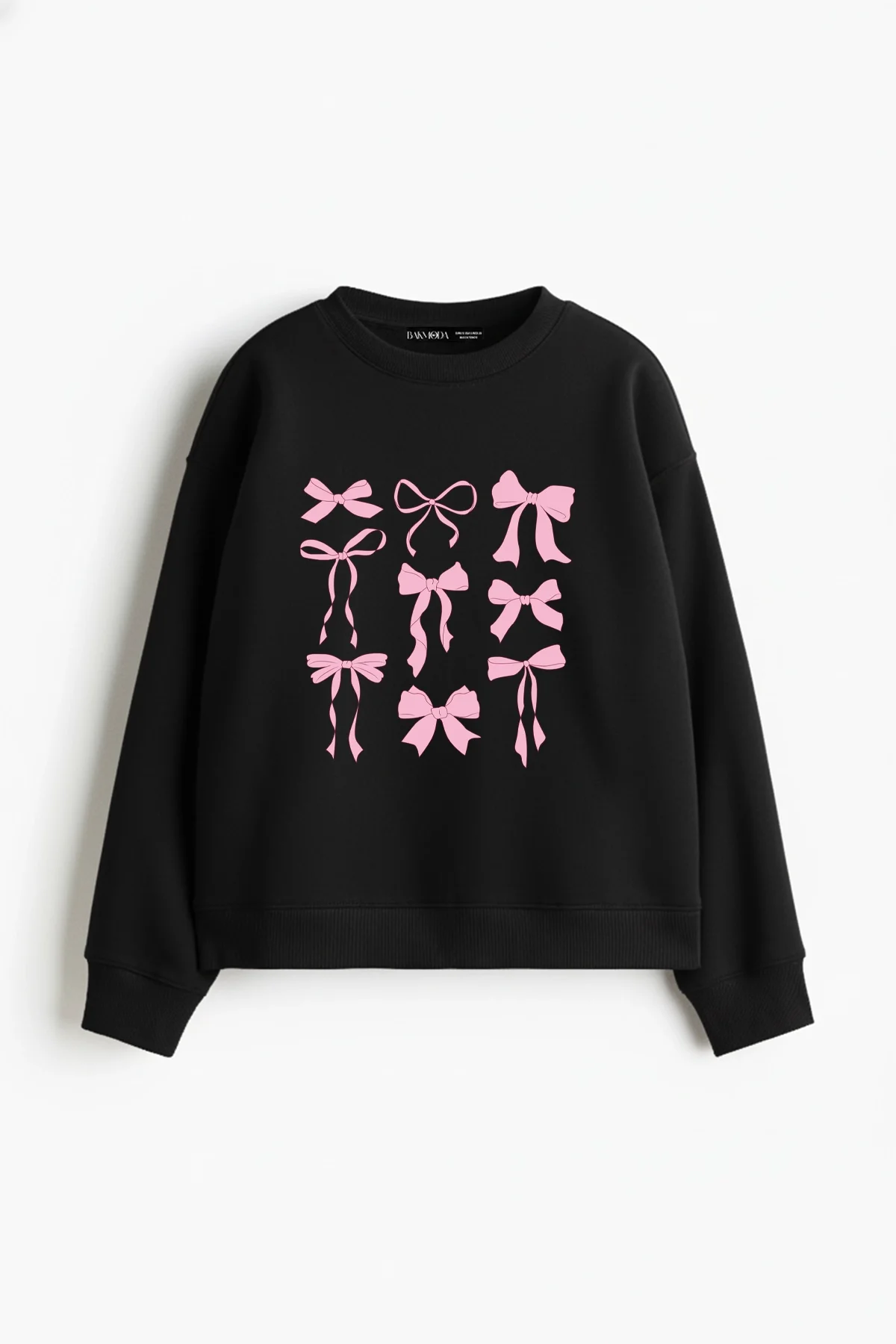 Cute Fiyonk Baskılı Kapüşonsuz Relaxed Fit Kadın Siyah Sweatshirt