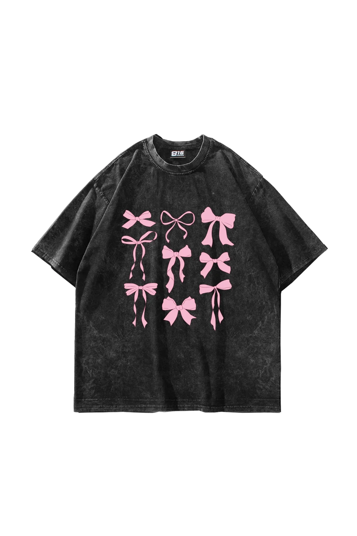 Cute Fiyonk Baskılı Oversize Unisex Yıkamalı Siyah Tshirt