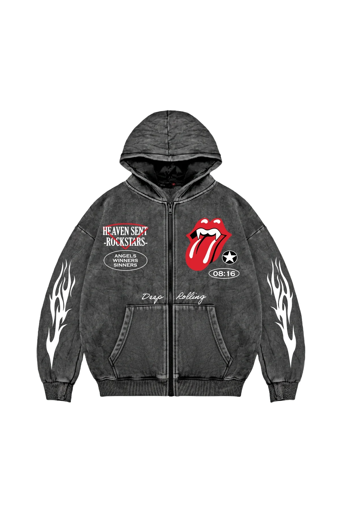 Deep Rolling Baskılı Fermuarlı Zip Kapüşonlu Unisex Yıkamalı Siyah Sweatshirt