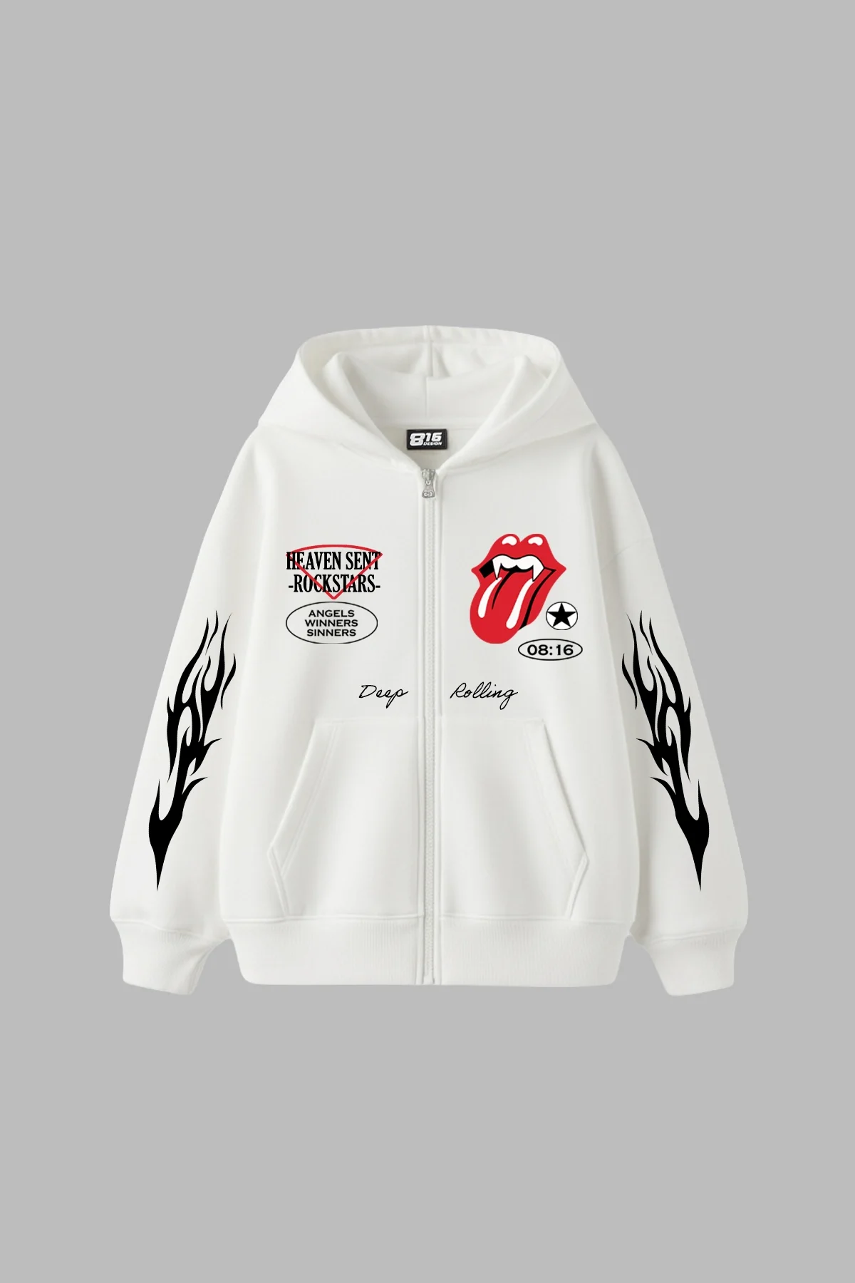 Deep Rolling Fermuarlı Zip Kapüşonlu Unisex Beyaz Sweatshirt