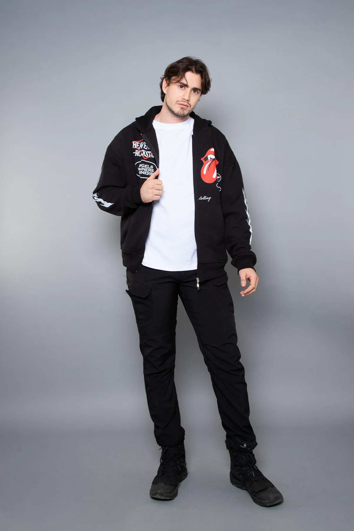 Deep Rolling Fermuarlı Zip Kapüşonlu Unisex Siyah Sweatshirt