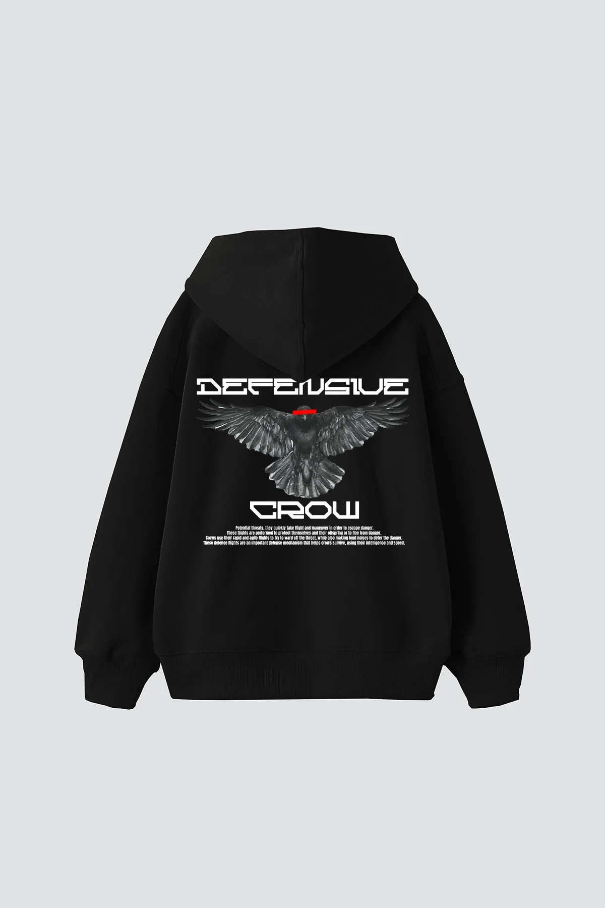 Defensive Crow Baskılı Oversize Unisex Siyah Hoodie