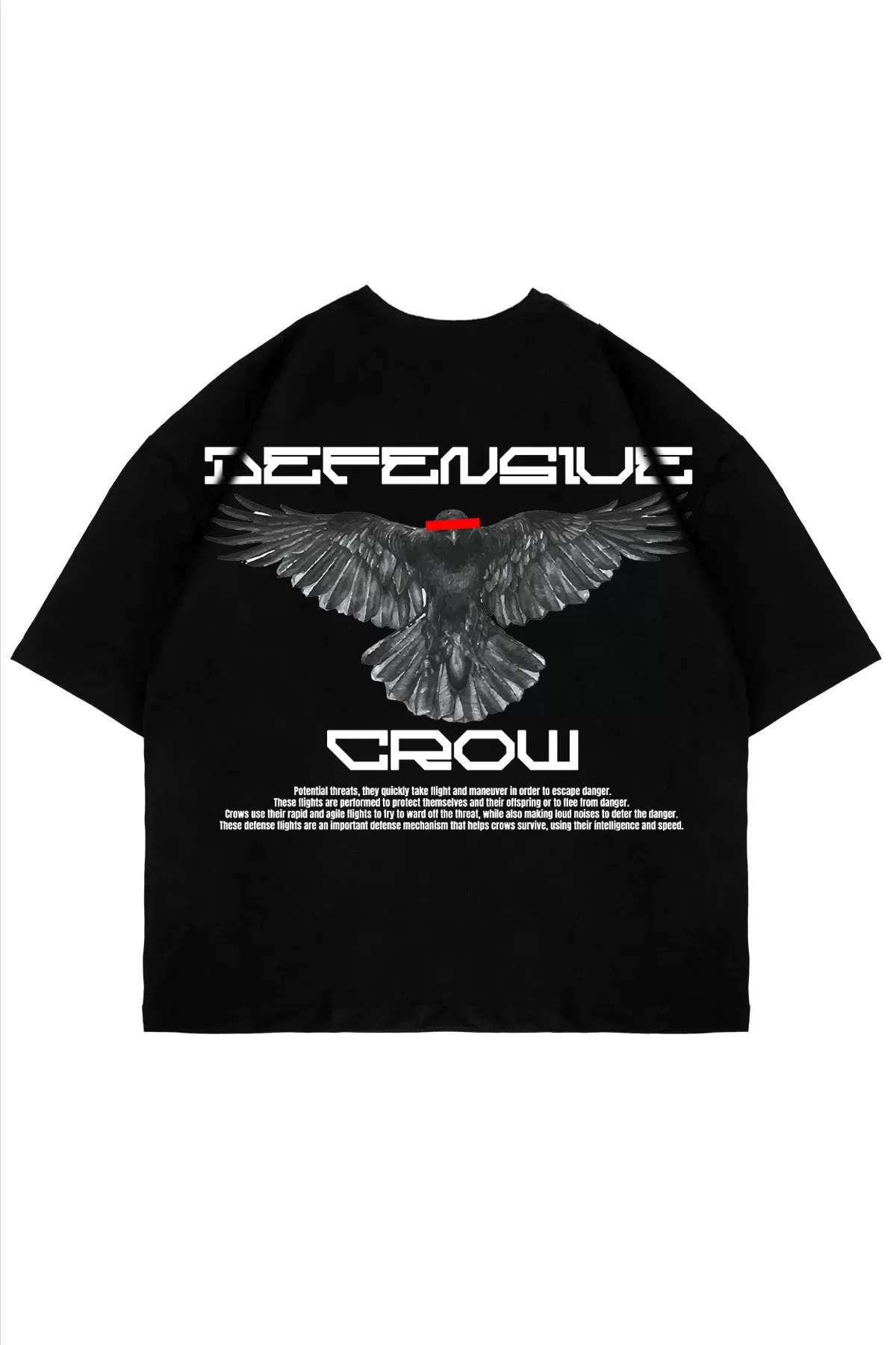 Defensive Crow Baskılı Oversize Unisex Siyah Tshirt
