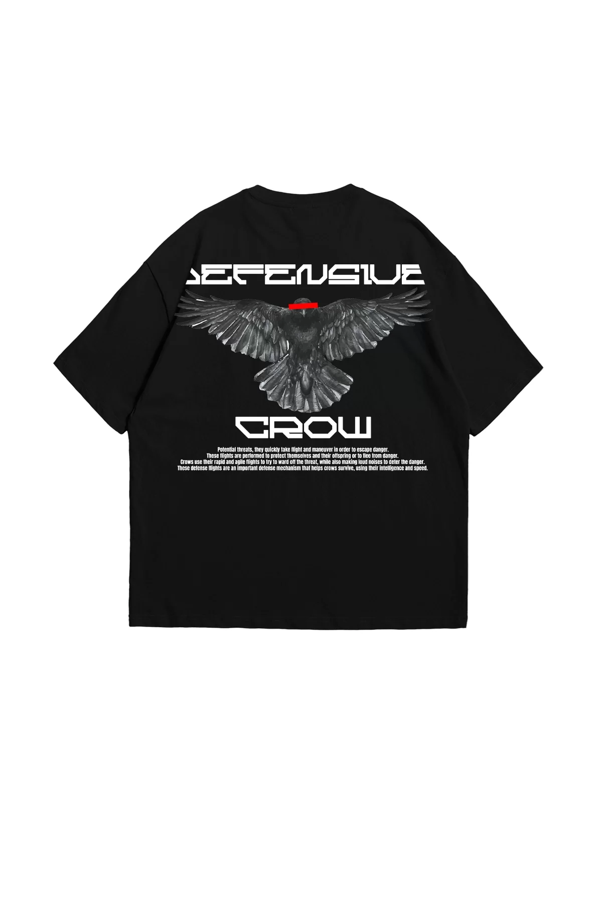 Defensive Crow Baskılı Oversize Unisex Siyah Tshirt