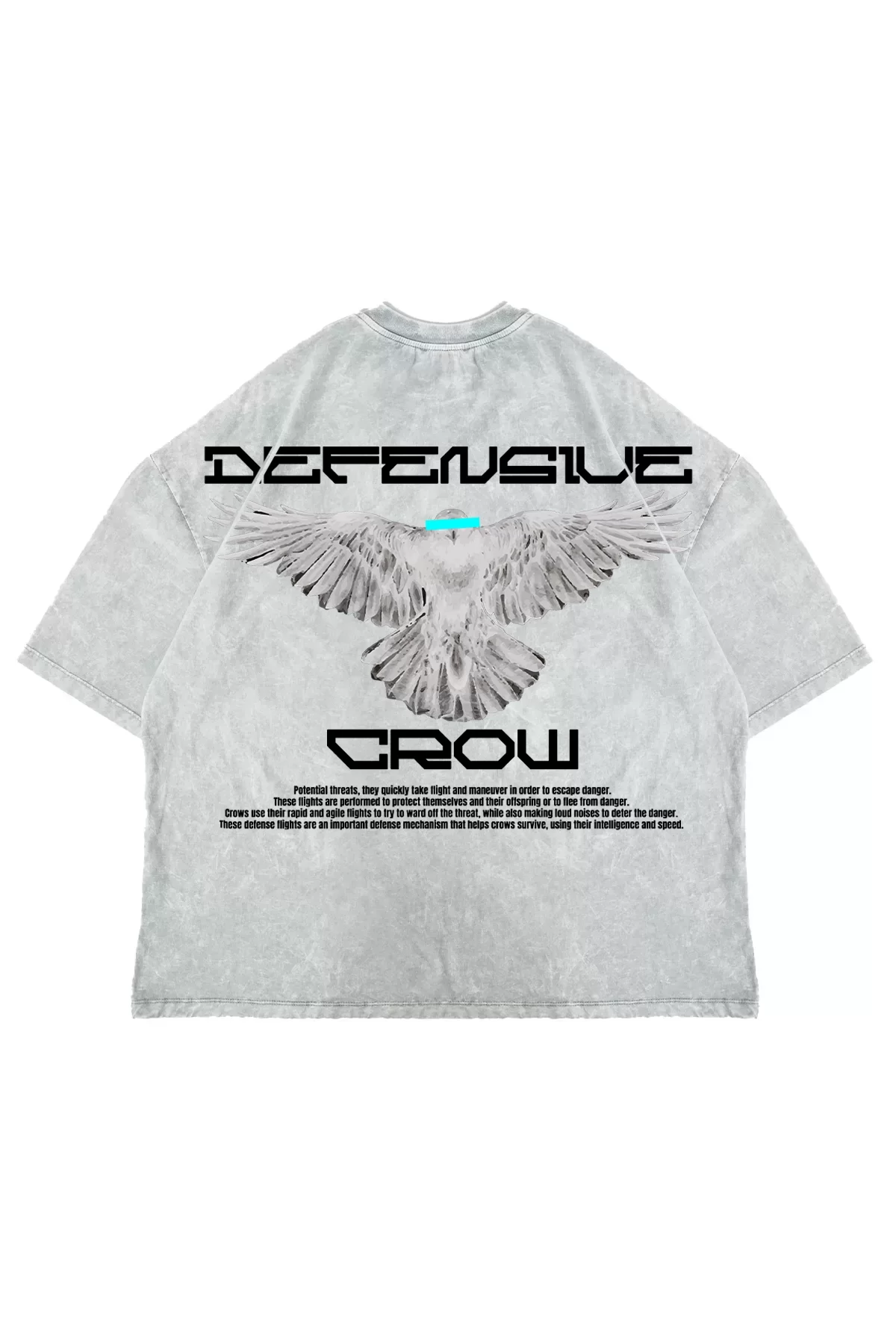 Defensive Crow Baskılı Oversize Unisex Yıkamalı Beyaz Tshirt