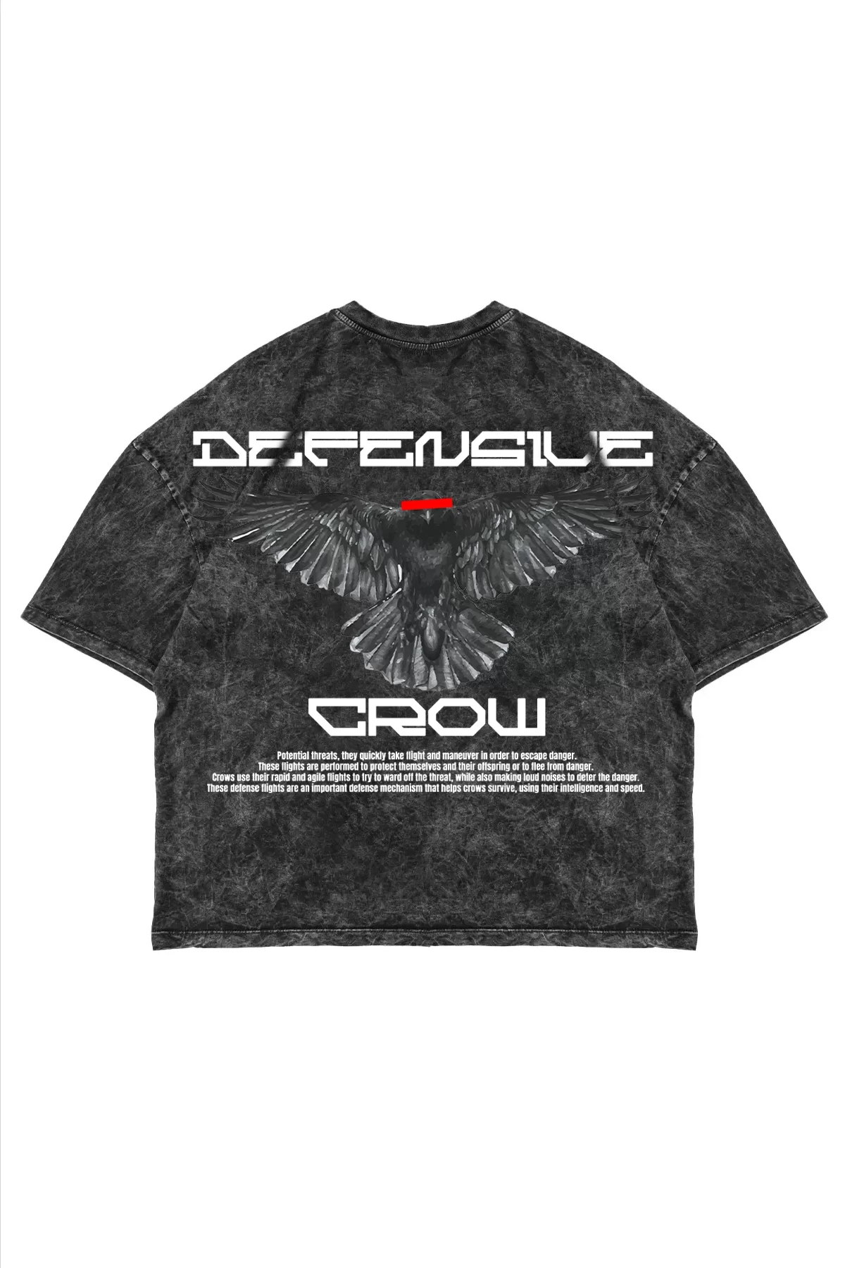 Defensive Crow Baskılı Oversize Unisex Yıkamalı Siyah Tshirt