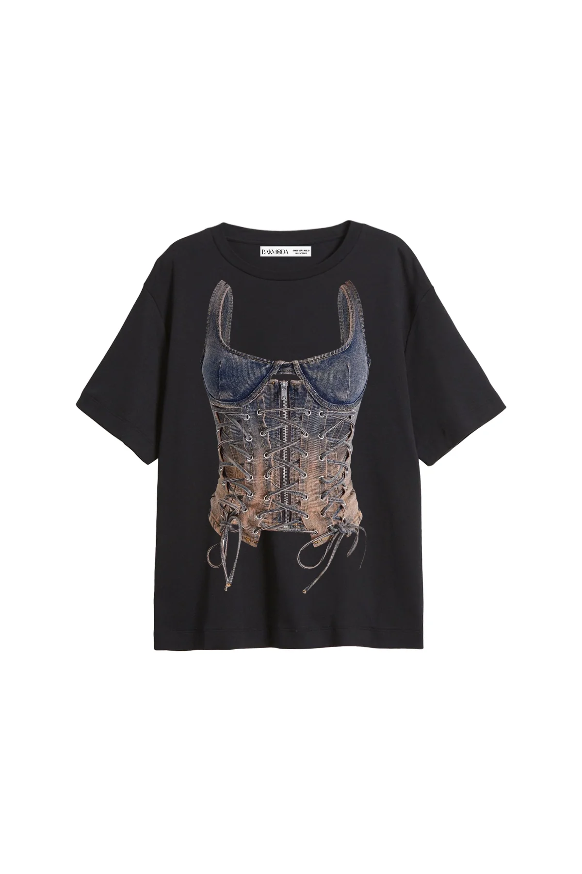 Denim Corset Baskılı Relaxed Fit Siyah Kadın Tshirt