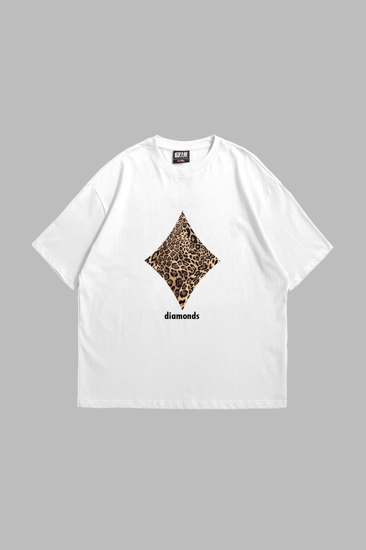 Diamonds Leopar Baskılı Oversize Unisex Premium Beyaz Tshirt